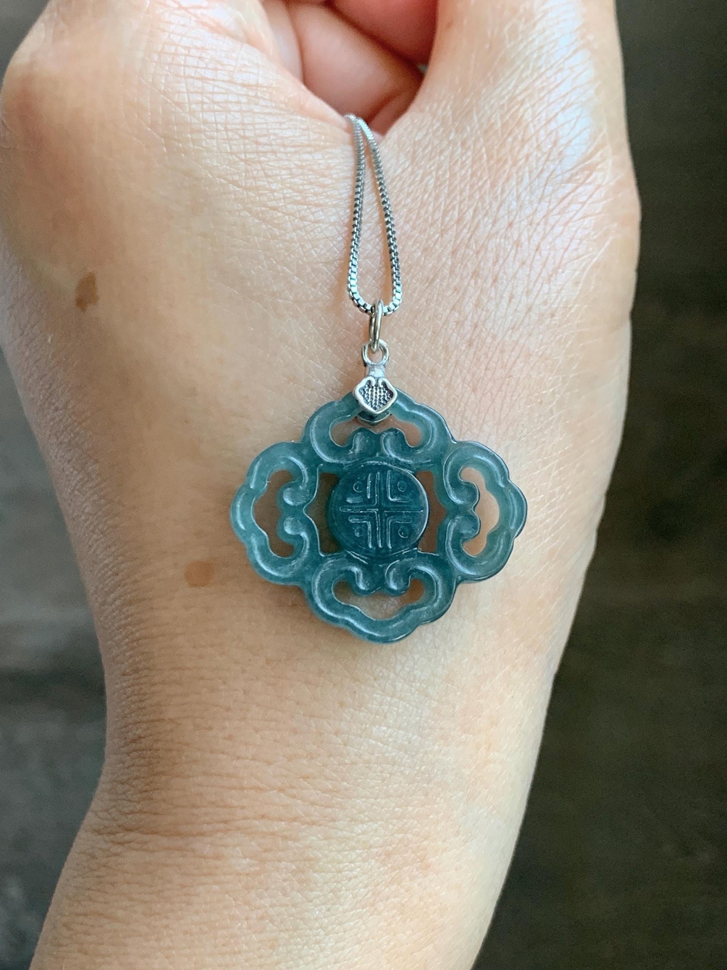 Natural Guatemalan Grade A Icy Translucent Dark Teal Blue Openwork Engraved Jade Jadeite Pendant Sterling Silver 4g 天然冰危深蓝翡翠镂空雕吊坠 WFG66B