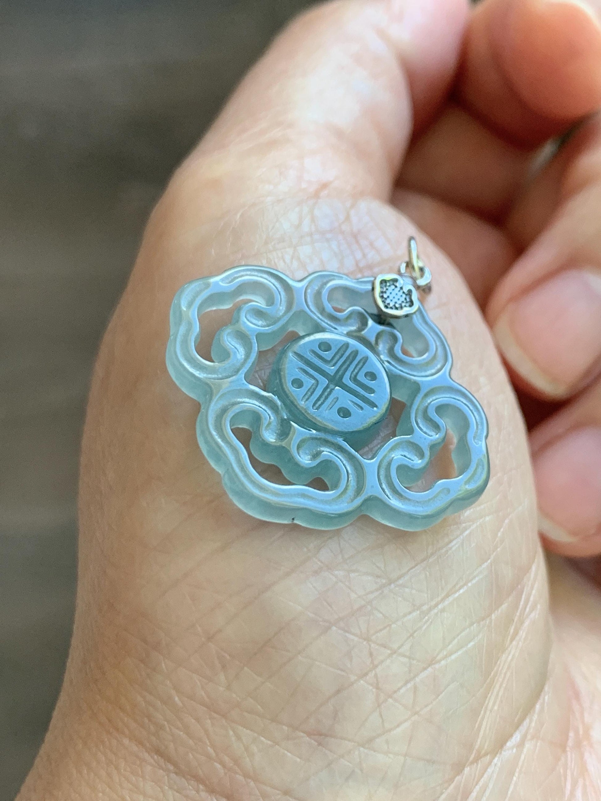 Natural Guatemalan Grade A Icy Translucent Light Dusty Blue Openwork Engraved Jade Jadeite Pendant Sterling Silver 3g 天然冰危浅蓝翡翠镂空雕吊坠 WFG66A
