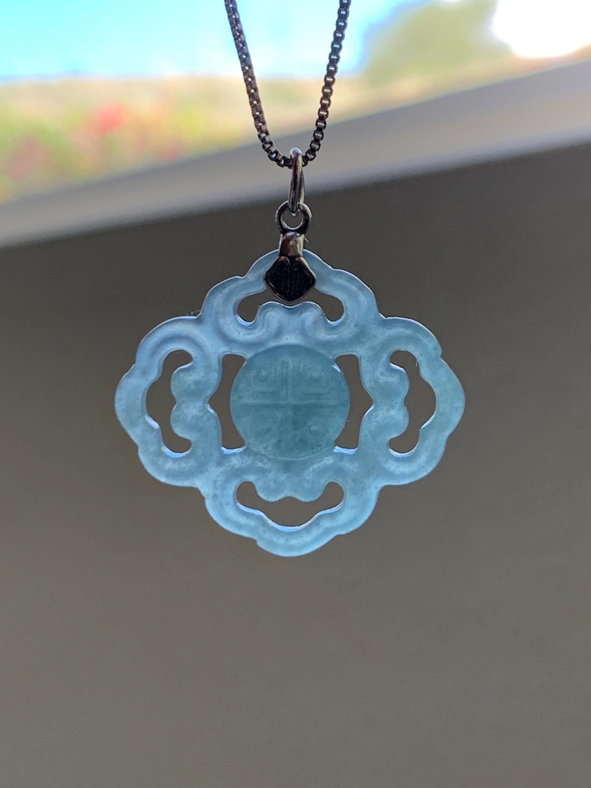 Natural Guatemalan Grade A Icy Translucent Light Dusty Blue Openwork Engraved Jade Jadeite Pendant Sterling Silver 3g 天然冰危浅蓝翡翠镂空雕吊坠 WFG66A