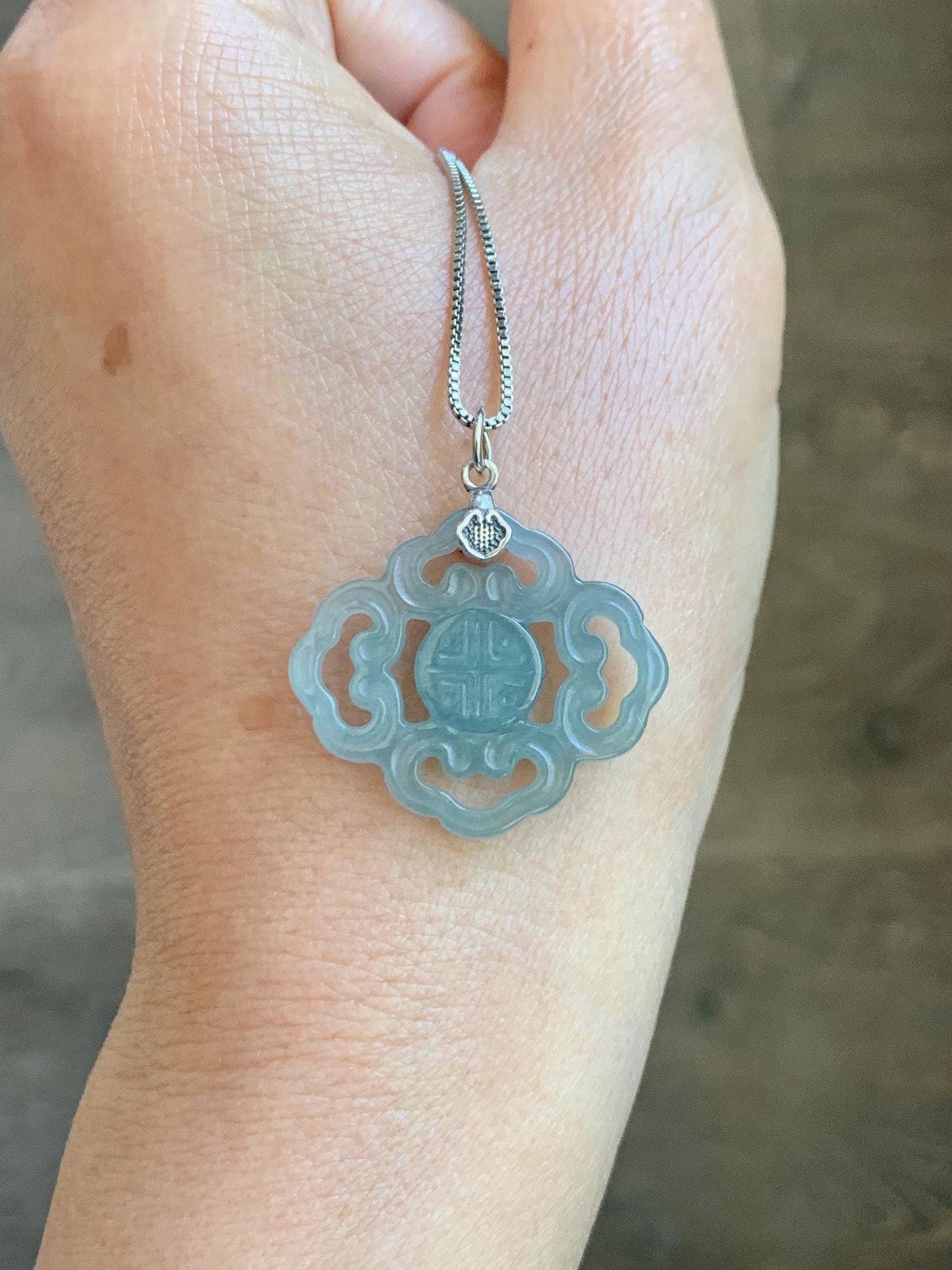 Natural Guatemalan Grade A Icy Translucent Light Dusty Blue Openwork Engraved Jade Jadeite Pendant Sterling Silver 3g 天然冰危浅蓝翡翠镂空雕吊坠 WFG66A