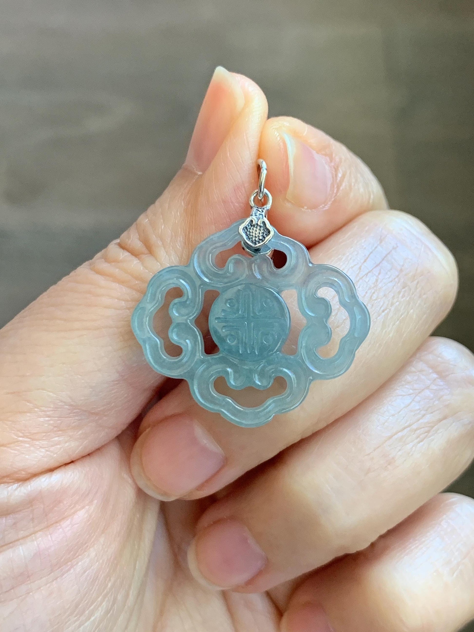 Natural Guatemalan Grade A Icy Translucent Light Dusty Blue Openwork Engraved Jade Jadeite Pendant Sterling Silver 3g 天然冰危浅蓝翡翠镂空雕吊坠 WFG66A