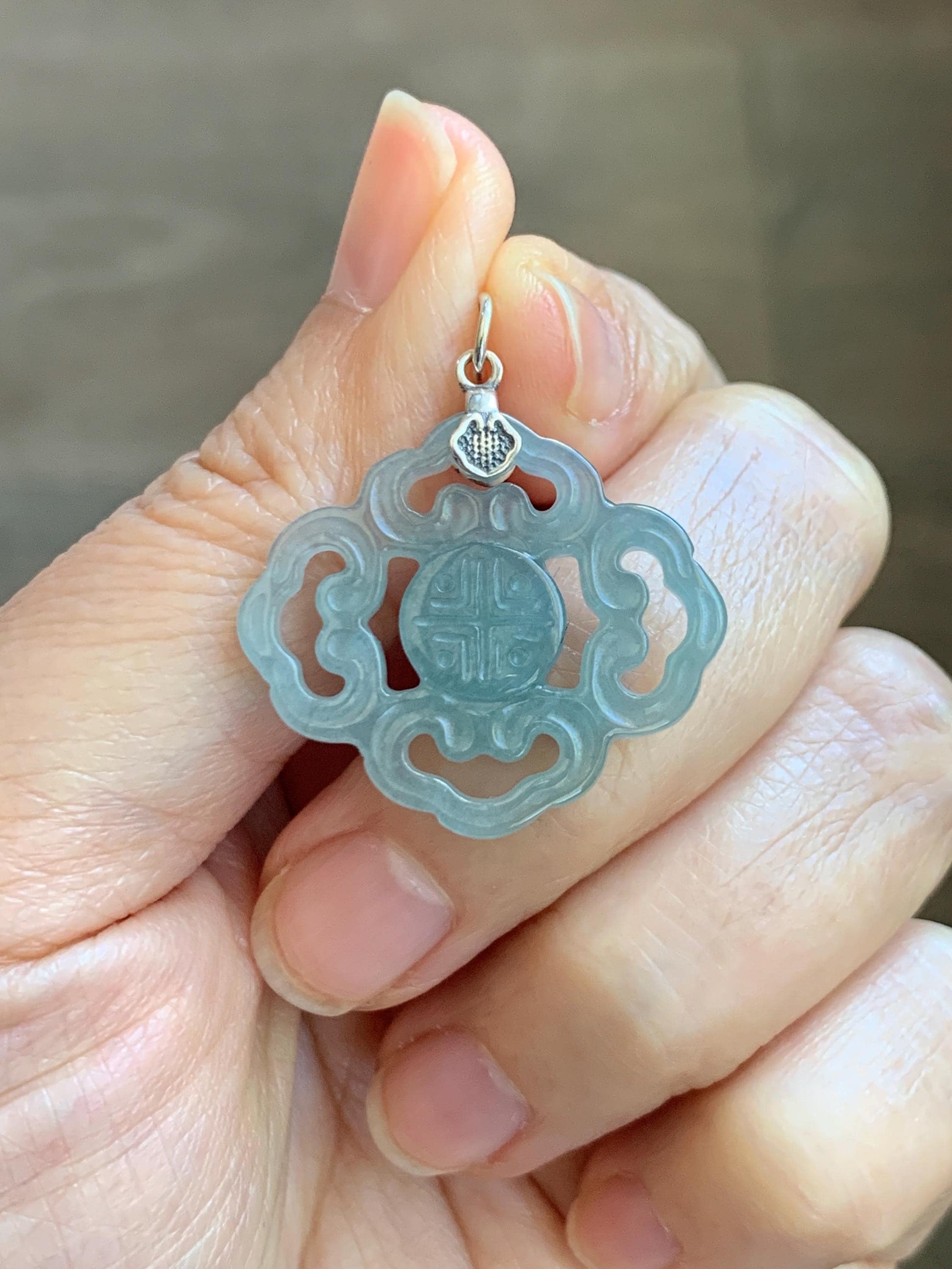 Natural Guatemalan Grade A Icy Translucent Light Dusty Blue Openwork Engraved Jade Jadeite Pendant Sterling Silver 3g 天然冰危浅蓝翡翠镂空雕吊坠 WFG66A