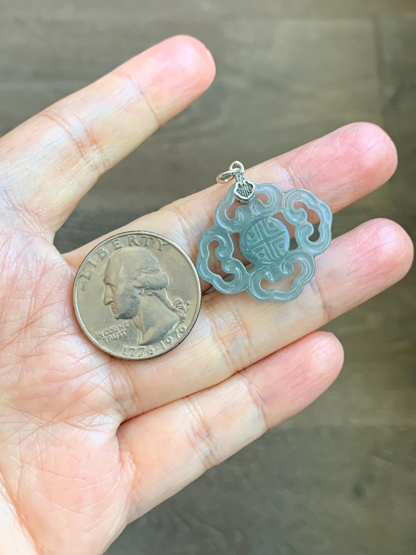 Natural Guatemalan Grade A Icy Translucent Light Dusty Blue Openwork Engraved Jade Jadeite Pendant Sterling Silver 3g 天然冰危浅蓝翡翠镂空雕吊坠 WFG66A