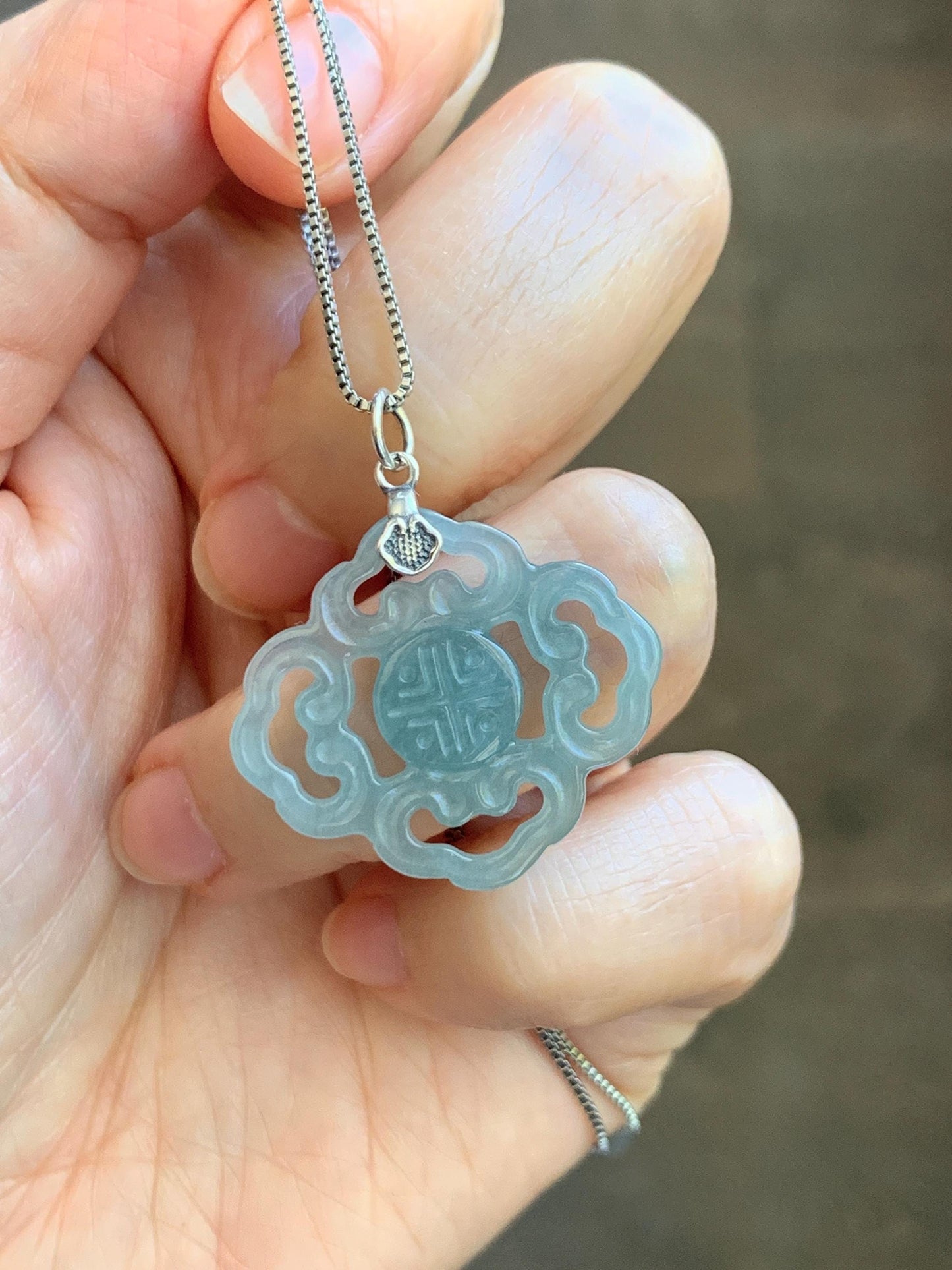 Natural Guatemalan Grade A Icy Translucent Light Dusty Blue Openwork Engraved Jade Jadeite Pendant Sterling Silver 3g 天然冰危浅蓝翡翠镂空雕吊坠 WFG66A