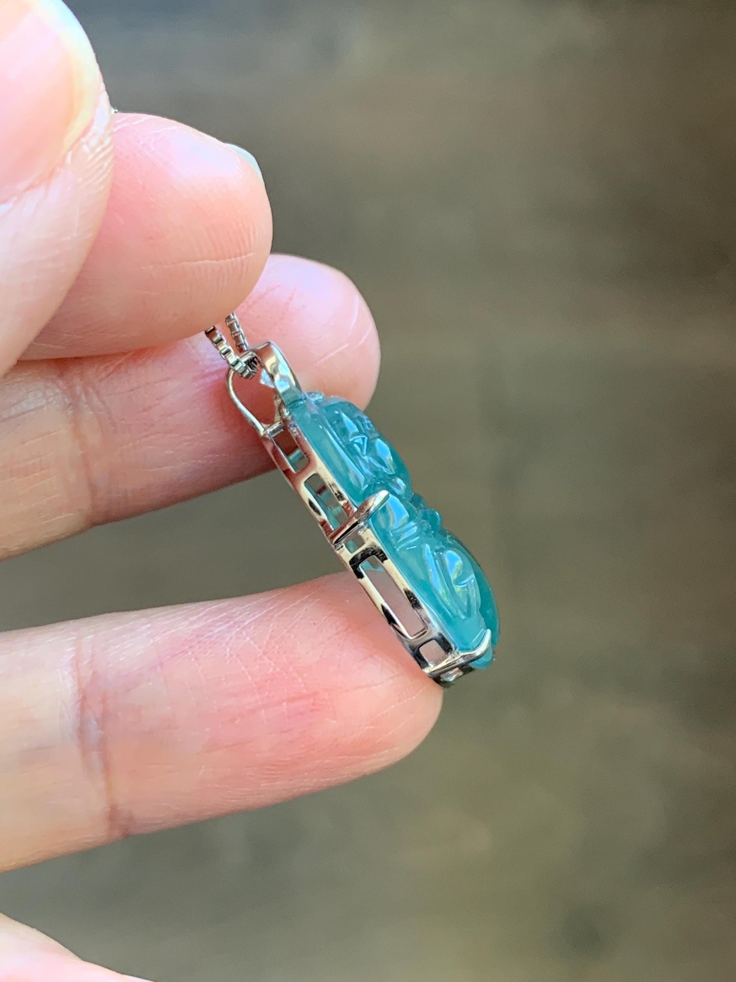 Natural Grade A Guatemalan Icy Highly Translucent Dark Dusty Teal Green Jade Jadeite Buddha Pendant Sterling Silver 5g 天然冰危深蓝绿翡翠佛公吊坠 WYF132