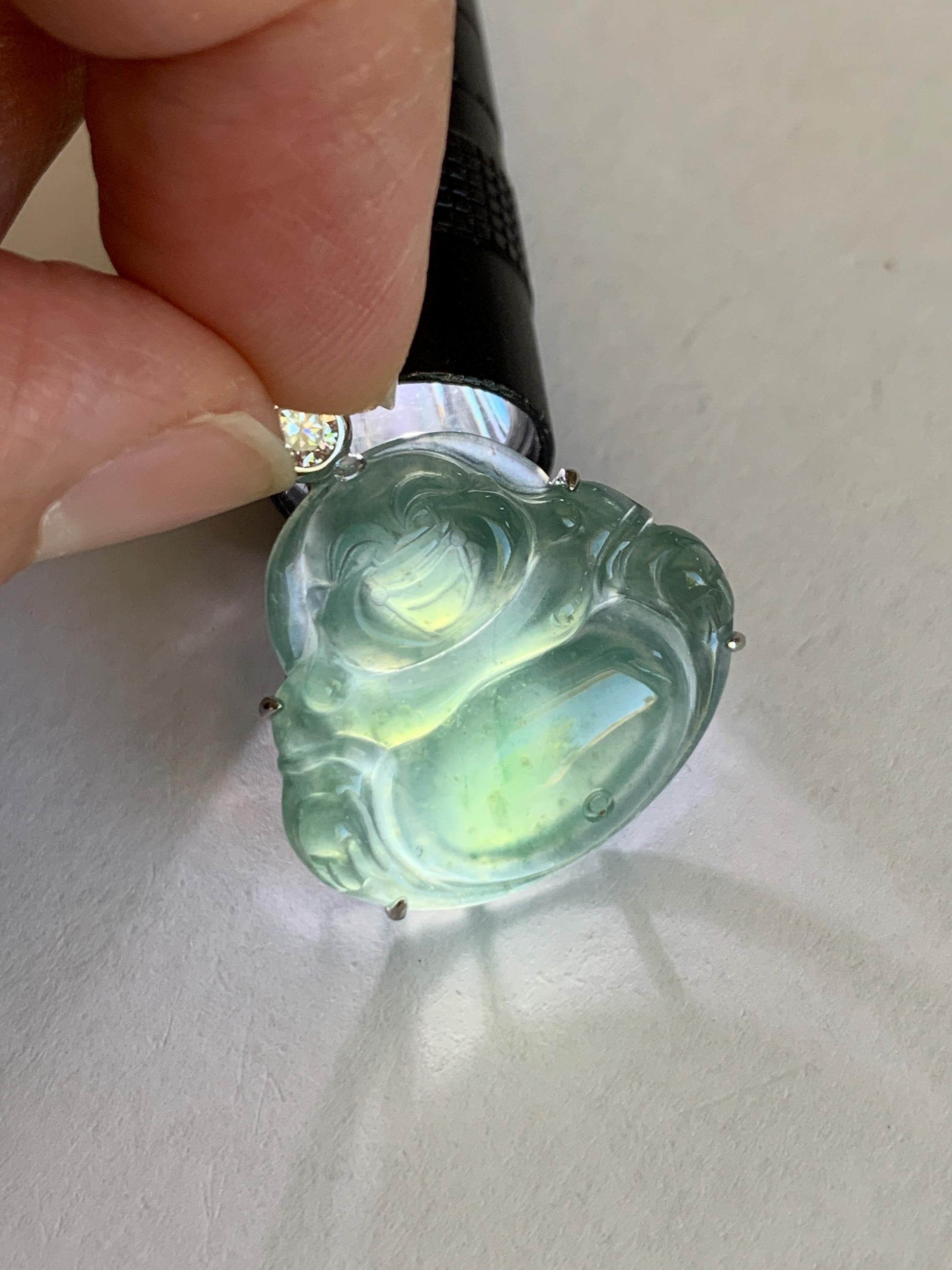 Natural Grade A Guatemalan Icy Highly Translucent Dark Dusty Teal Green Jade Jadeite Buddha Pendant Sterling Silver 5g 天然冰危深蓝绿翡翠佛公吊坠 WYF132