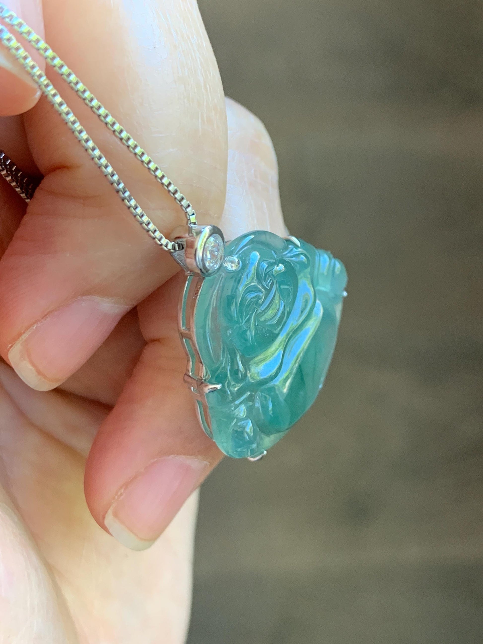 Natural Grade A Guatemalan Icy Highly Translucent Dark Dusty Teal Green Jade Jadeite Buddha Pendant Sterling Silver 5g 天然冰危深蓝绿翡翠佛公吊坠 WYF132