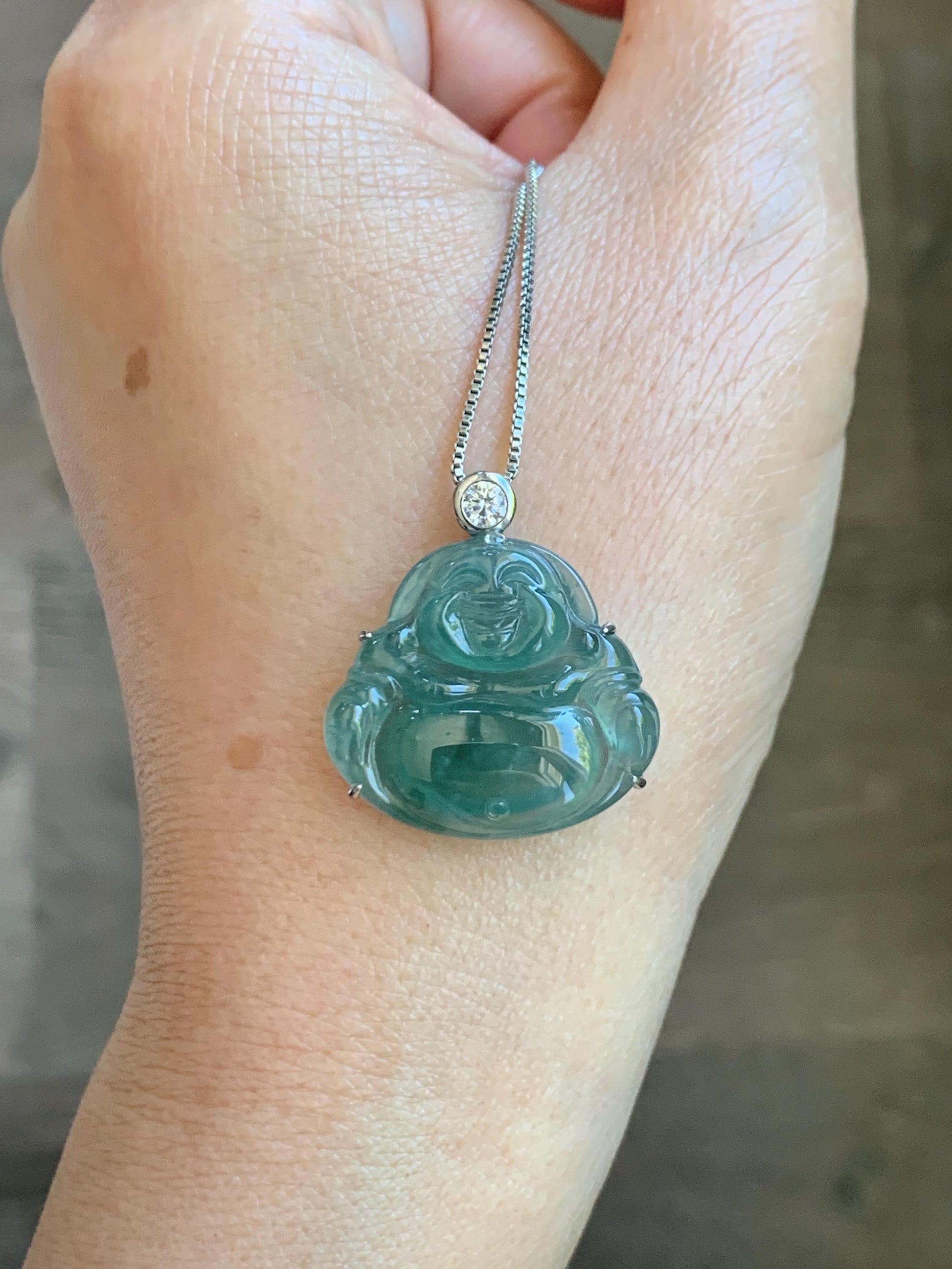 Natural Grade A Guatemalan Icy Highly Translucent Dark Dusty Teal Green Jade Jadeite Buddha Pendant Sterling Silver 5g 天然冰危深蓝绿翡翠佛公吊坠 WYF132