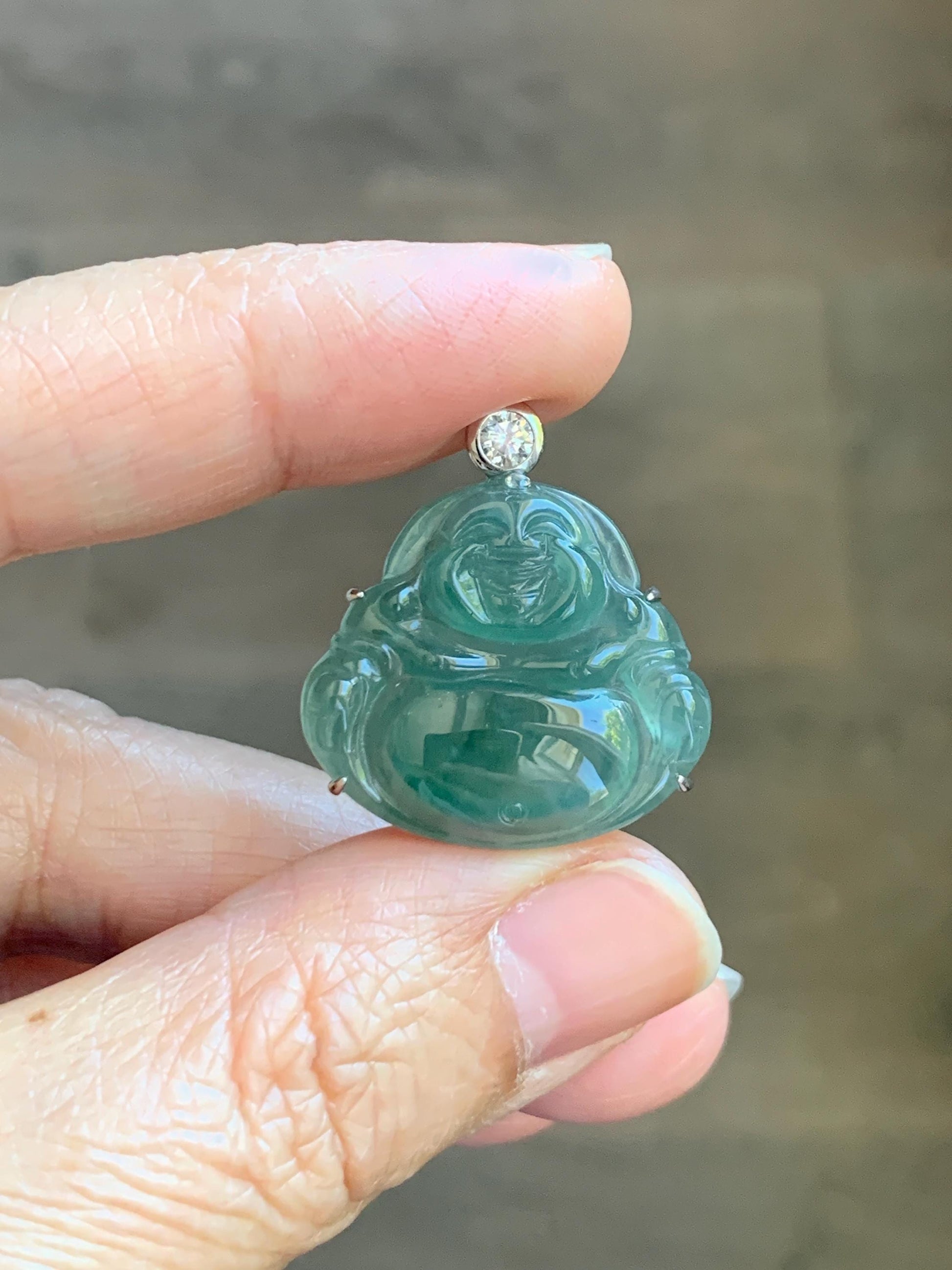 Natural Grade A Guatemalan Icy Highly Translucent Dark Dusty Teal Green Jade Jadeite Buddha Pendant Sterling Silver 5g 天然冰危深蓝绿翡翠佛公吊坠 WYF132