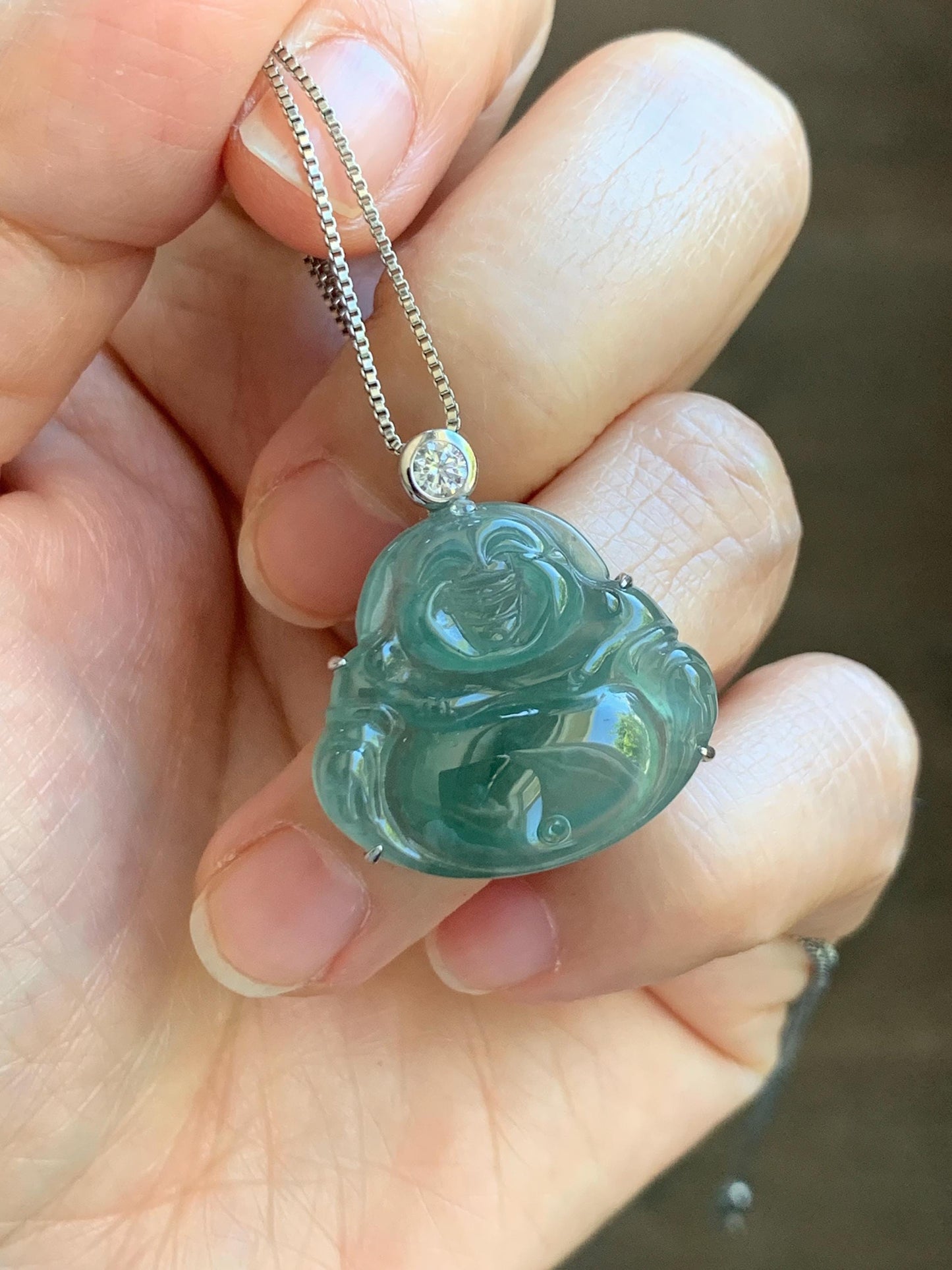 Natural Grade A Guatemalan Icy Highly Translucent Dark Dusty Teal Green Jade Jadeite Buddha Pendant Sterling Silver 5g 天然冰危深蓝绿翡翠佛公吊坠 WYF132