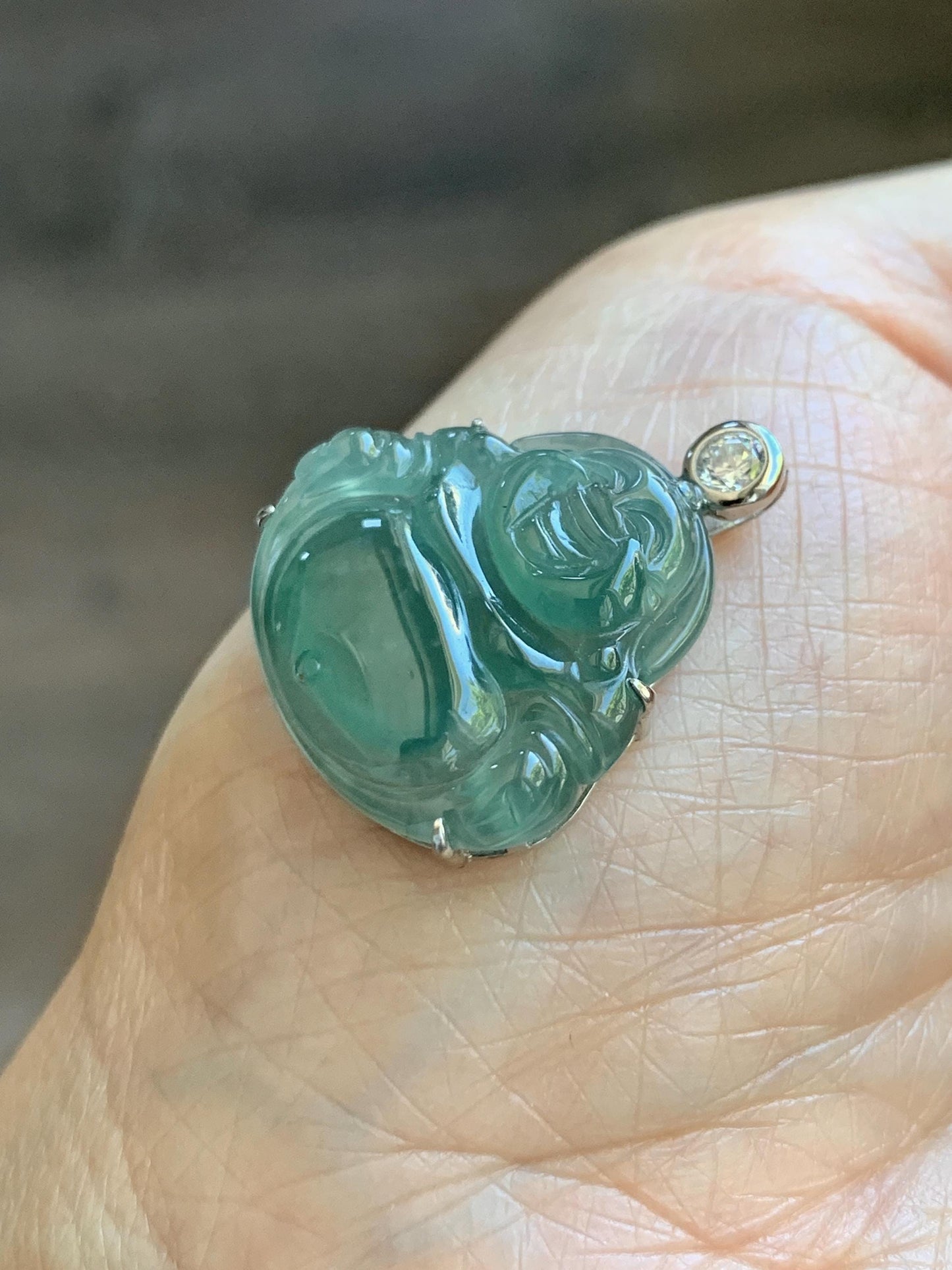 Natural Grade A Guatemalan Icy Highly Translucent Dark Dusty Teal Green Jade Jadeite Buddha Pendant Sterling Silver 5g 天然冰危深蓝绿翡翠佛公吊坠 WYF132