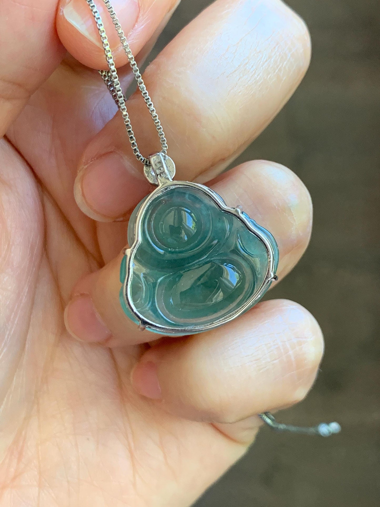 Natural Grade A Guatemalan Icy Highly Translucent Dark Dusty Teal Green Jade Jadeite Buddha Pendant Sterling Silver 5g 天然冰危深蓝绿翡翠佛公吊坠 WYF132