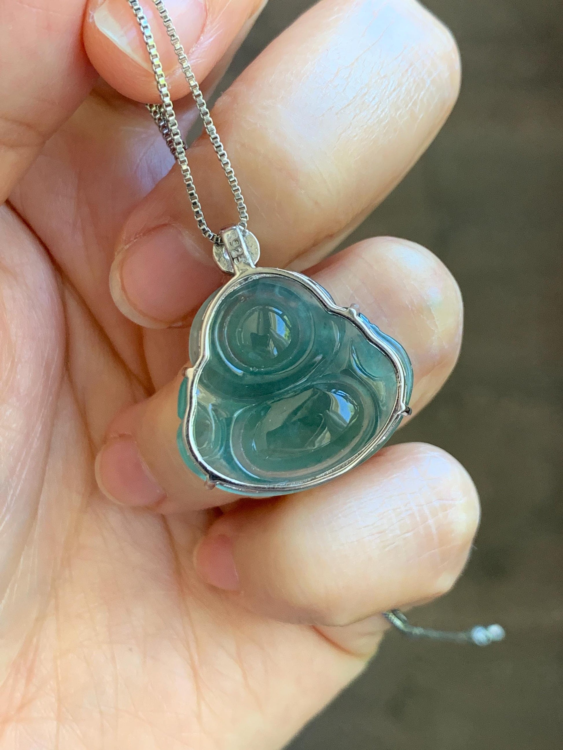 Natural Grade A Guatemalan Icy Highly Translucent Dark Dusty Teal Green Jade Jadeite Buddha Pendant Sterling Silver 5g 天然冰危深蓝绿翡翠佛公吊坠 WYF132