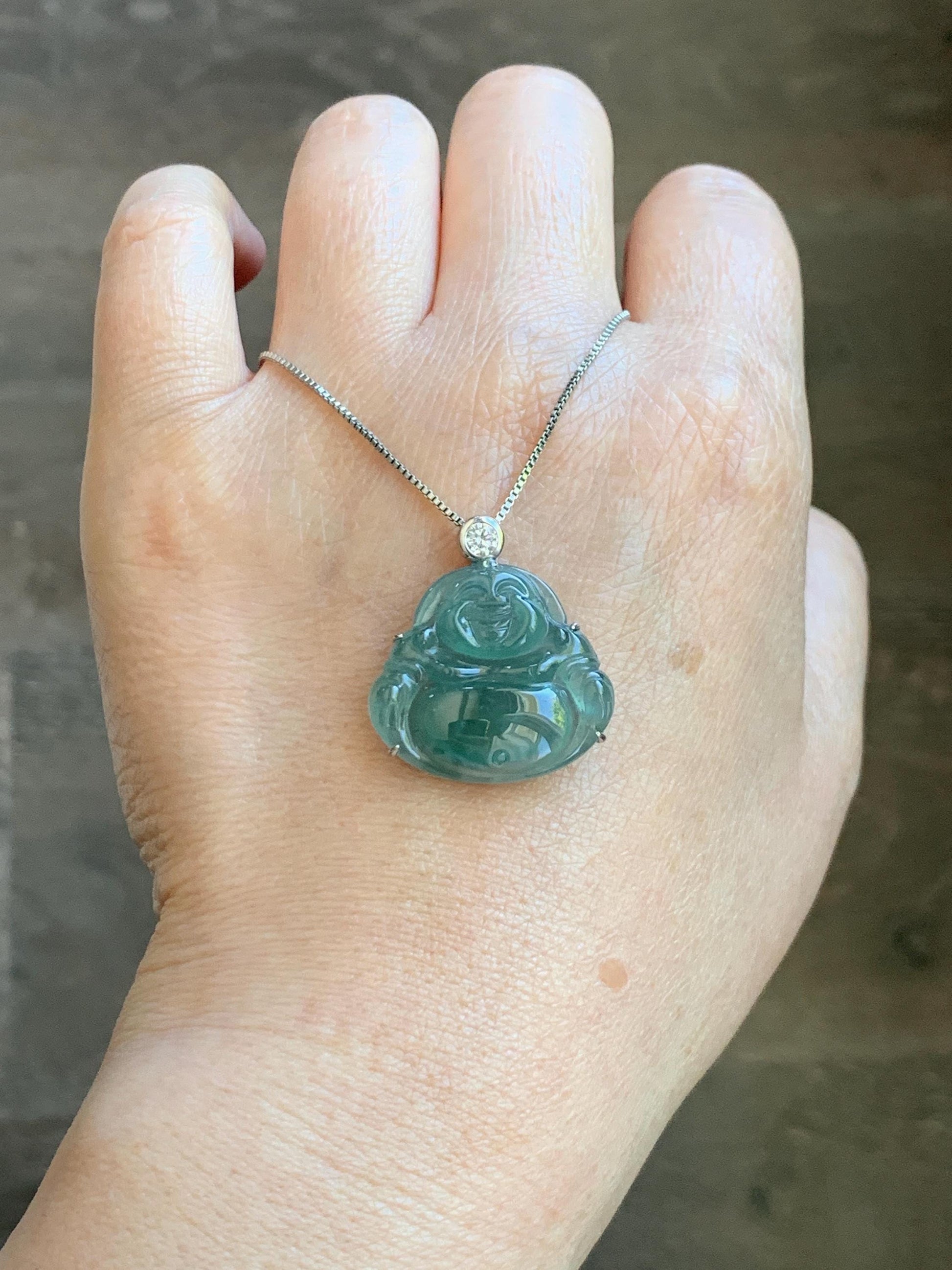 Natural Grade A Guatemalan Icy Highly Translucent Dark Dusty Teal Green Jade Jadeite Buddha Pendant Sterling Silver 5g 天然冰危深蓝绿翡翠佛公吊坠 WYF132