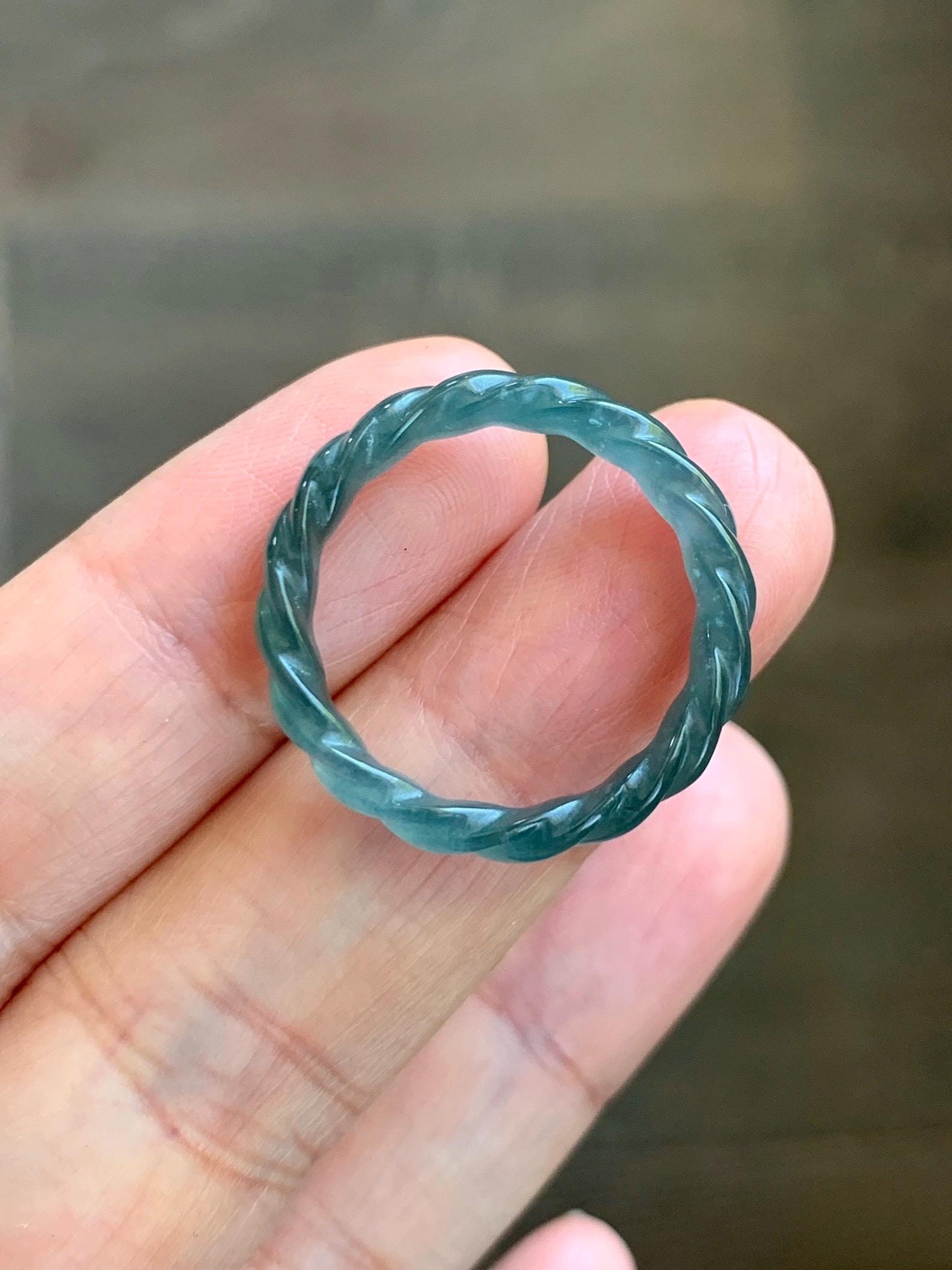 Natural Grade A Guatemalan Icy Translucent Gelatinous Dark Teal Blue Jade Jadeite Carved Braid Band Ring Size 8.5 US 天然冰胶危蓝水翡翠麻花戒圈 WMH350F