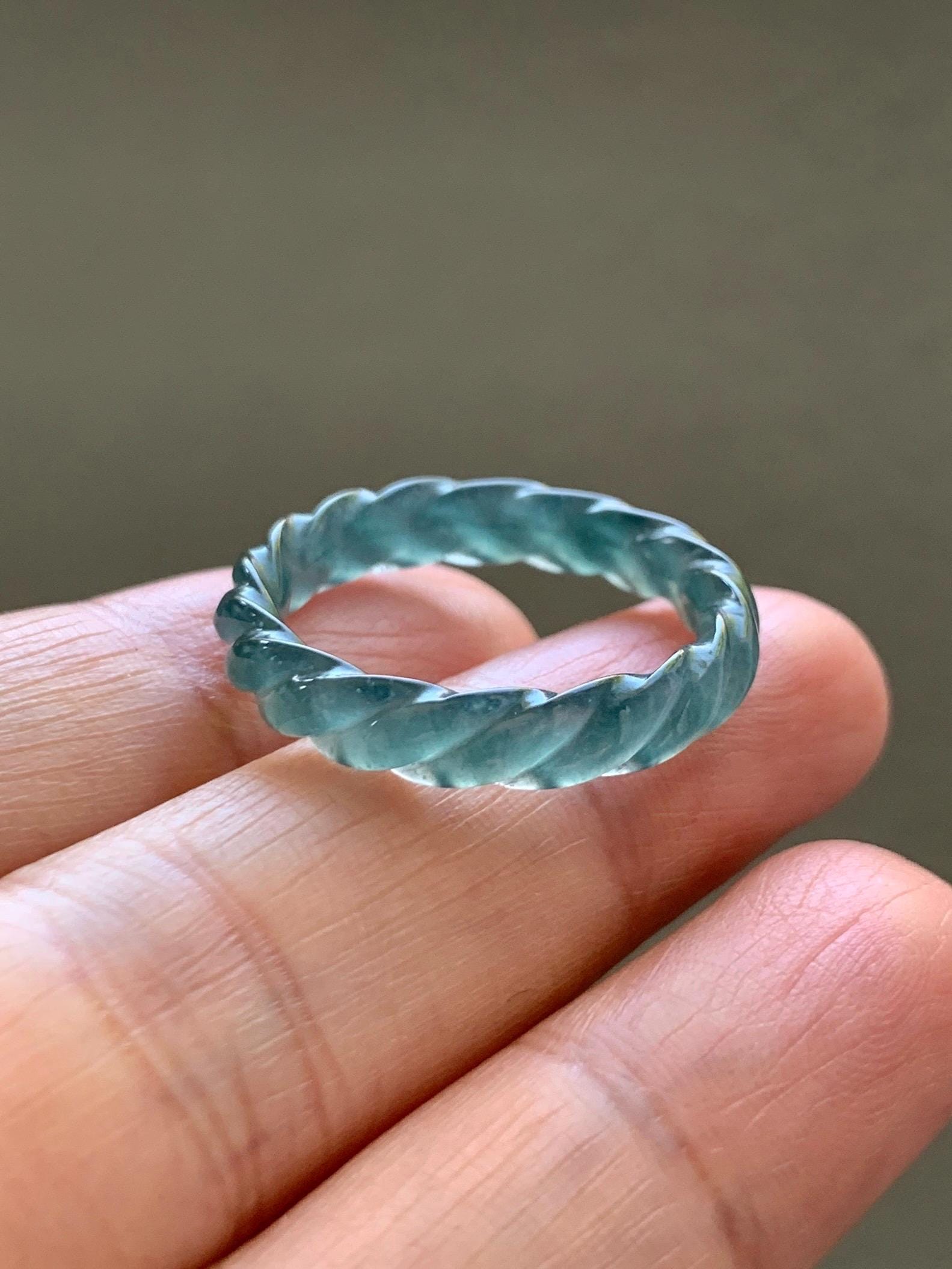 Natural Grade A Guatemalan Icy Translucent Gelatinous Dark Teal Blue Jade Jadeite Carved Braid Band Ring Size 8.5 US 天然冰胶危蓝水翡翠麻花戒圈 WMH350F
