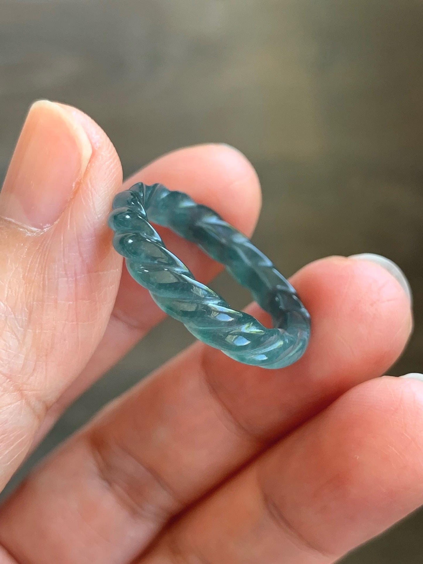 Natural Grade A Guatemalan Icy Translucent Gelatinous Dark Teal Blue Jade Jadeite Carved Braid Band Ring Size 8.5 US 天然冰胶危蓝水翡翠麻花戒圈 WMH350F