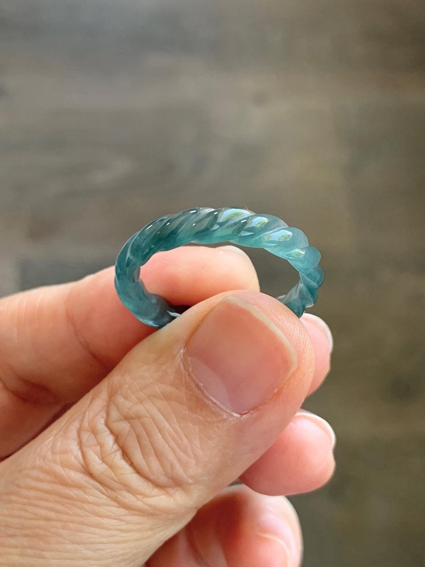 Natural Grade A Guatemalan Icy Translucent Gelatinous Dark Teal Blue Jade Jadeite Carved Braid Band Ring Size 8.5 US 天然冰胶危蓝水翡翠麻花戒圈 WMH350F