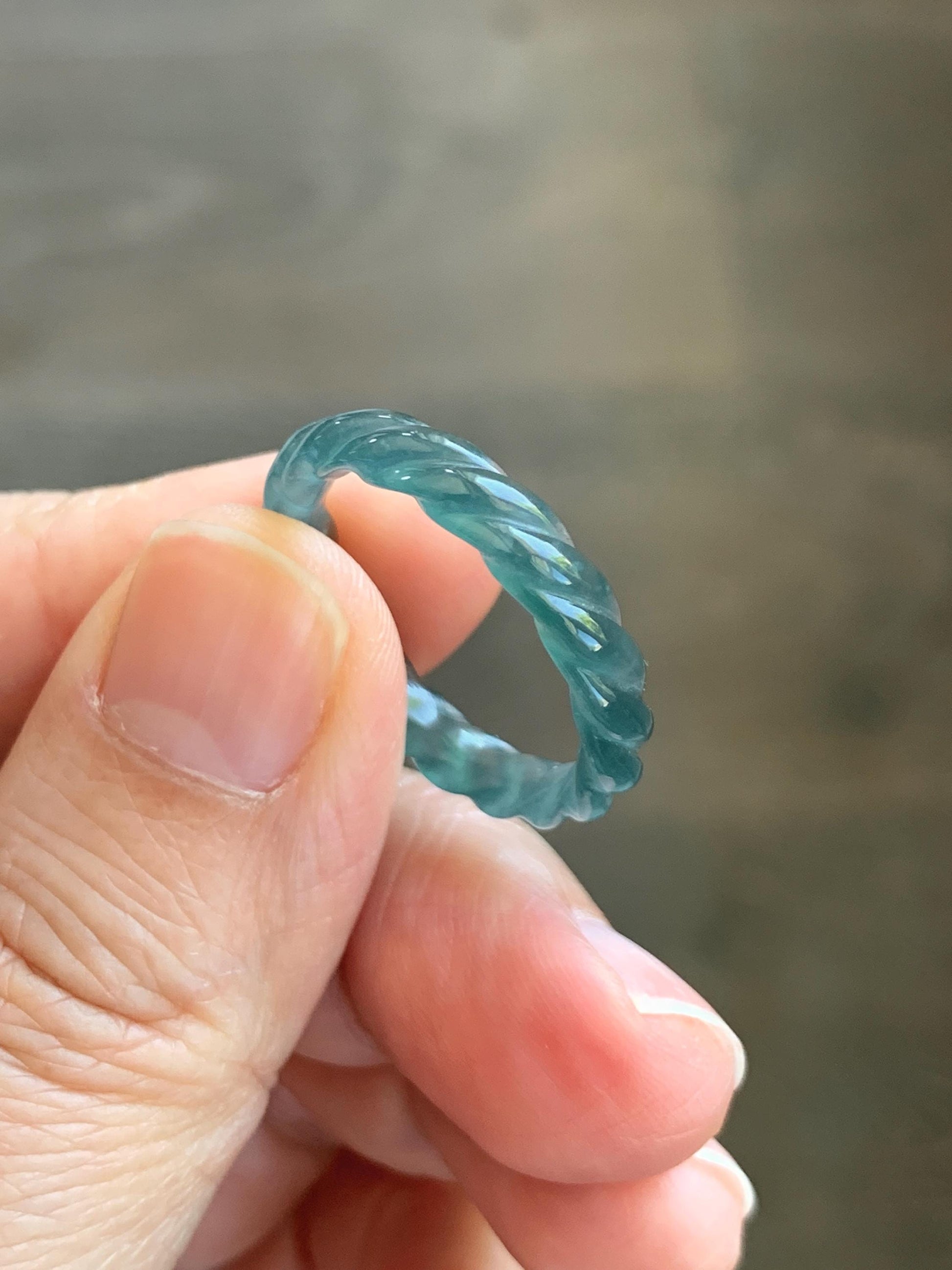 Natural Grade A Guatemalan Icy Translucent Gelatinous Dark Teal Blue Jade Jadeite Carved Braid Band Ring Size 8.5 US 天然冰胶危蓝水翡翠麻花戒圈 WMH350F