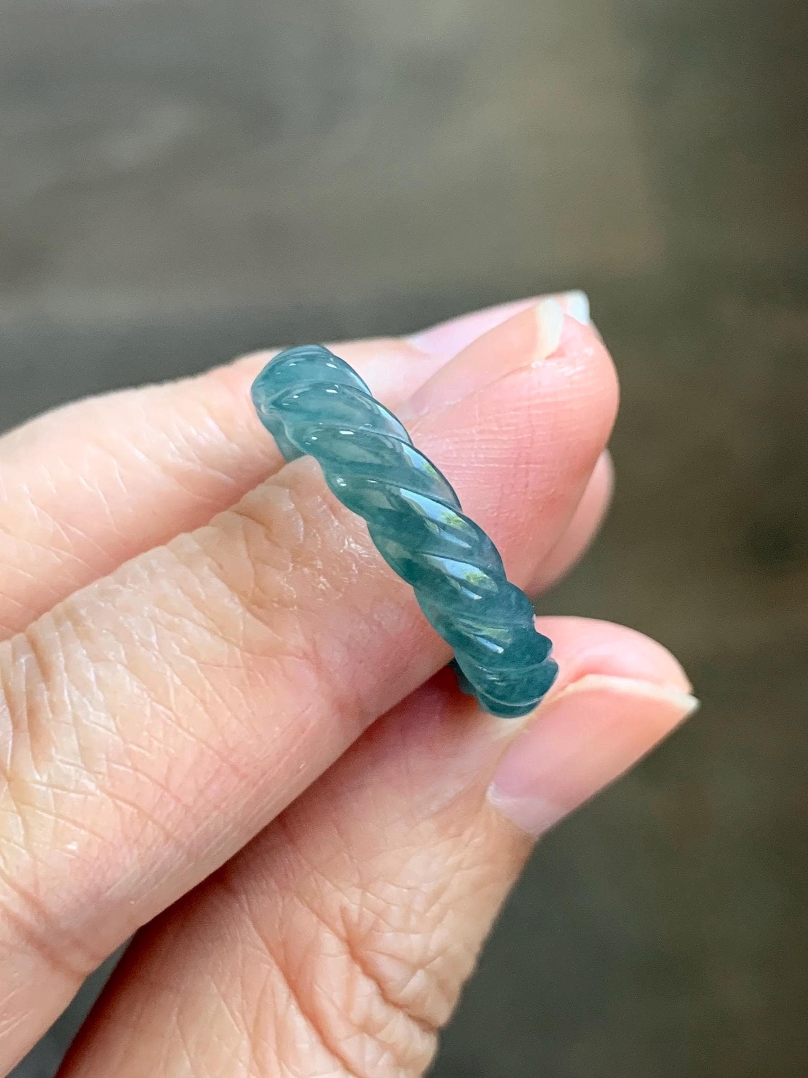Natural Grade A Guatemalan Icy Translucent Gelatinous Dark Teal Blue Jade Jadeite Carved Braid Band Ring Size 7 US 天然冰胶危蓝水翡翠麻花戒圈 WMH350E