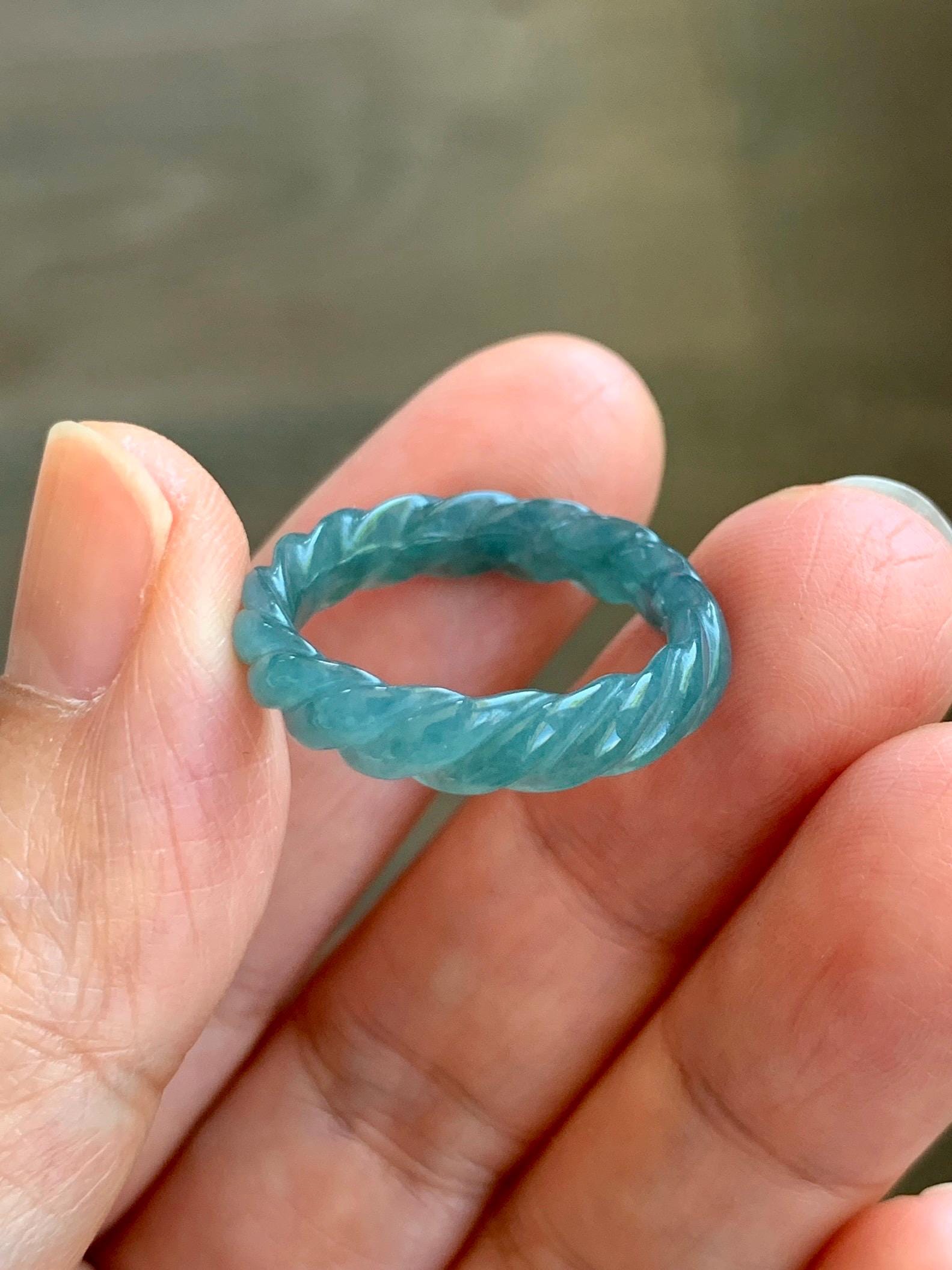 Natural Grade A Guatemalan Icy Translucent Gelatinous Dark Teal Blue Jade Jadeite Carved Braid Band Ring Size 7 US 天然冰胶危蓝水翡翠麻花戒圈 WMH350E