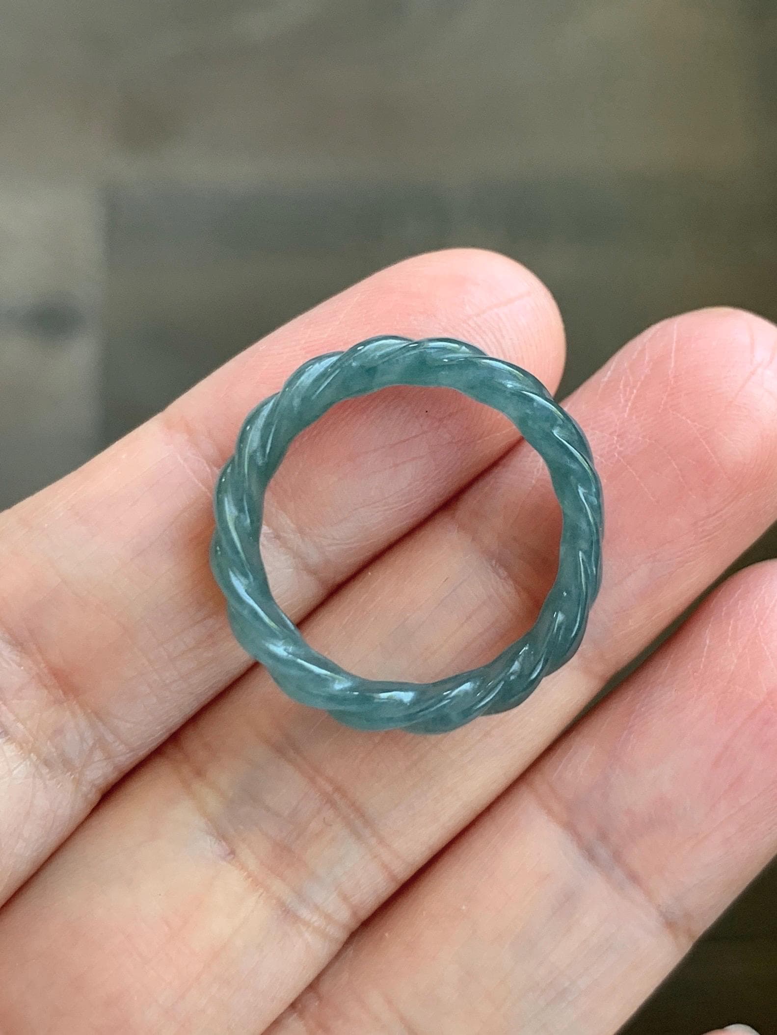 Natural Grade A Guatemalan Icy Translucent Gelatinous Dark Teal Blue Jade Jadeite Carved Braid Band Ring Size 7 US 天然冰胶危蓝水翡翠麻花戒圈 WMH350E