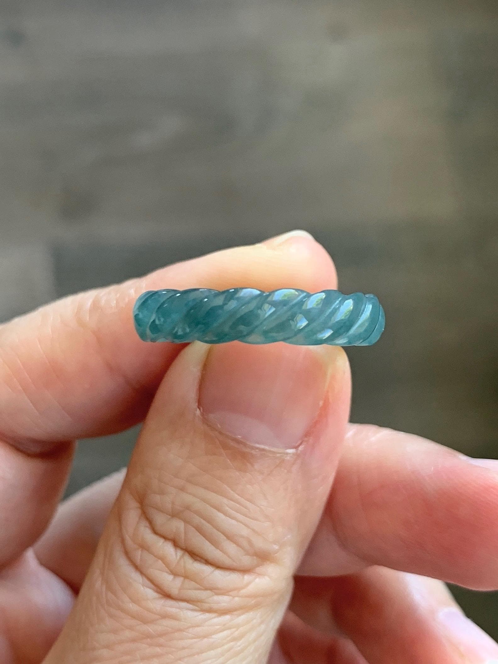 Natural Grade A Guatemalan Icy Translucent Gelatinous Dark Teal Blue Jade Jadeite Carved Braid Band Ring Size 7 US 天然冰胶危蓝水翡翠麻花戒圈 WMH350E