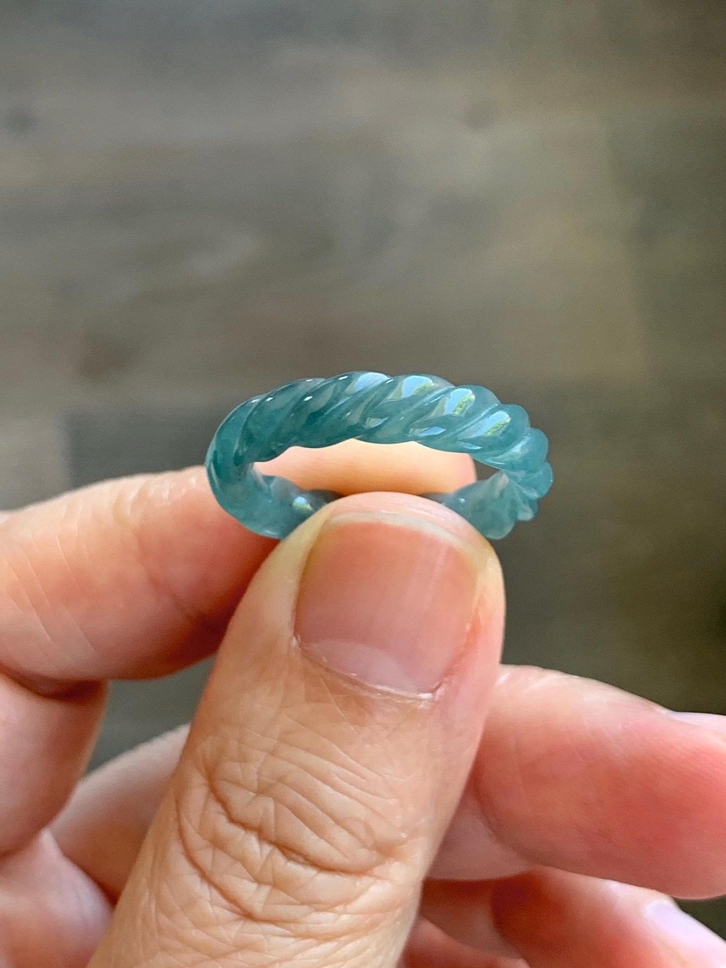 Natural Grade A Guatemalan Icy Translucent Gelatinous Dark Teal Blue Jade Jadeite Carved Braid Band Ring Size 7 US 天然冰胶危蓝水翡翠麻花戒圈 WMH350E