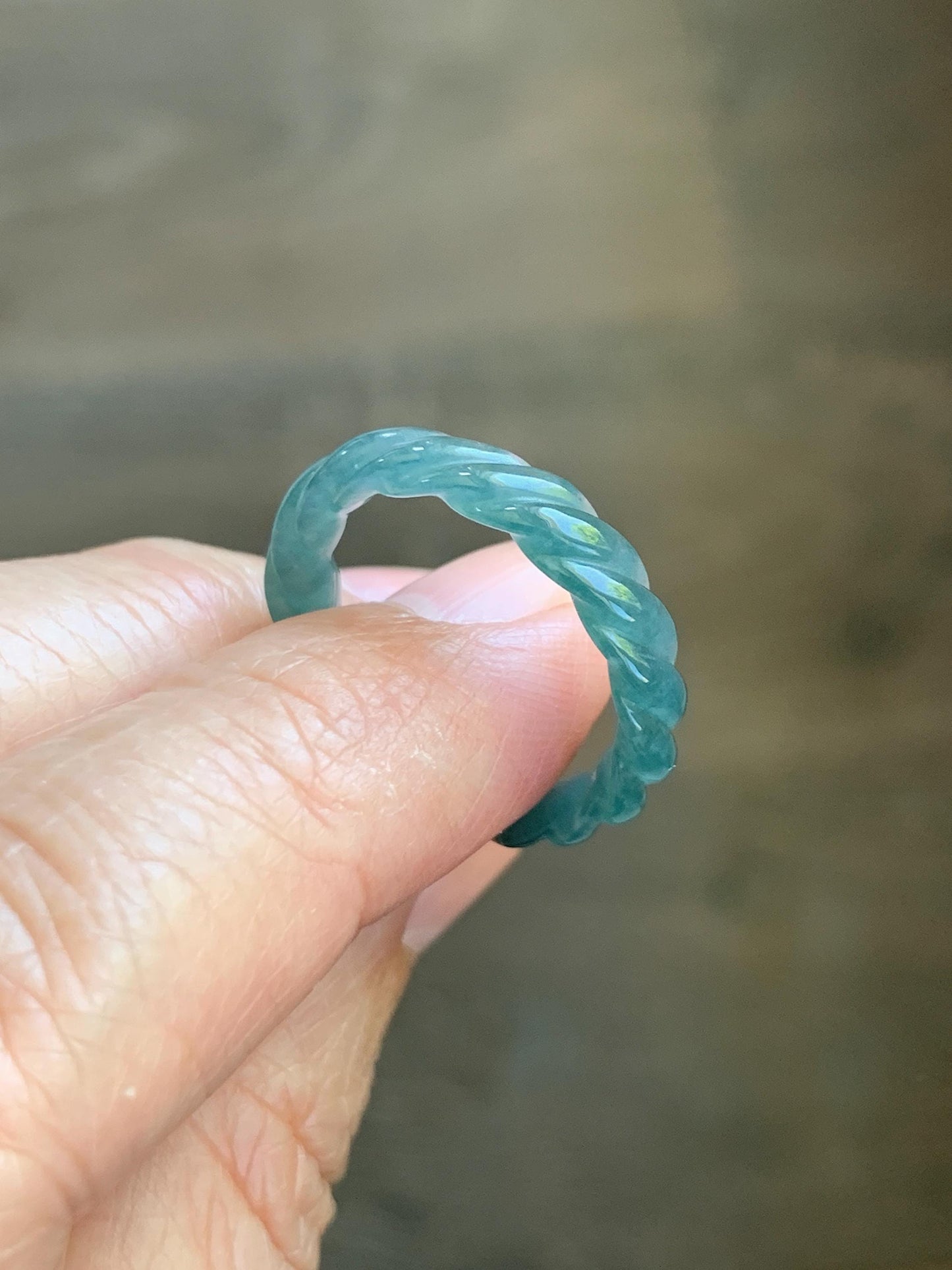 Natural Grade A Guatemalan Icy Translucent Gelatinous Dark Teal Blue Jade Jadeite Carved Braid Band Ring Size 7 US 天然冰胶危蓝水翡翠麻花戒圈 WMH350E