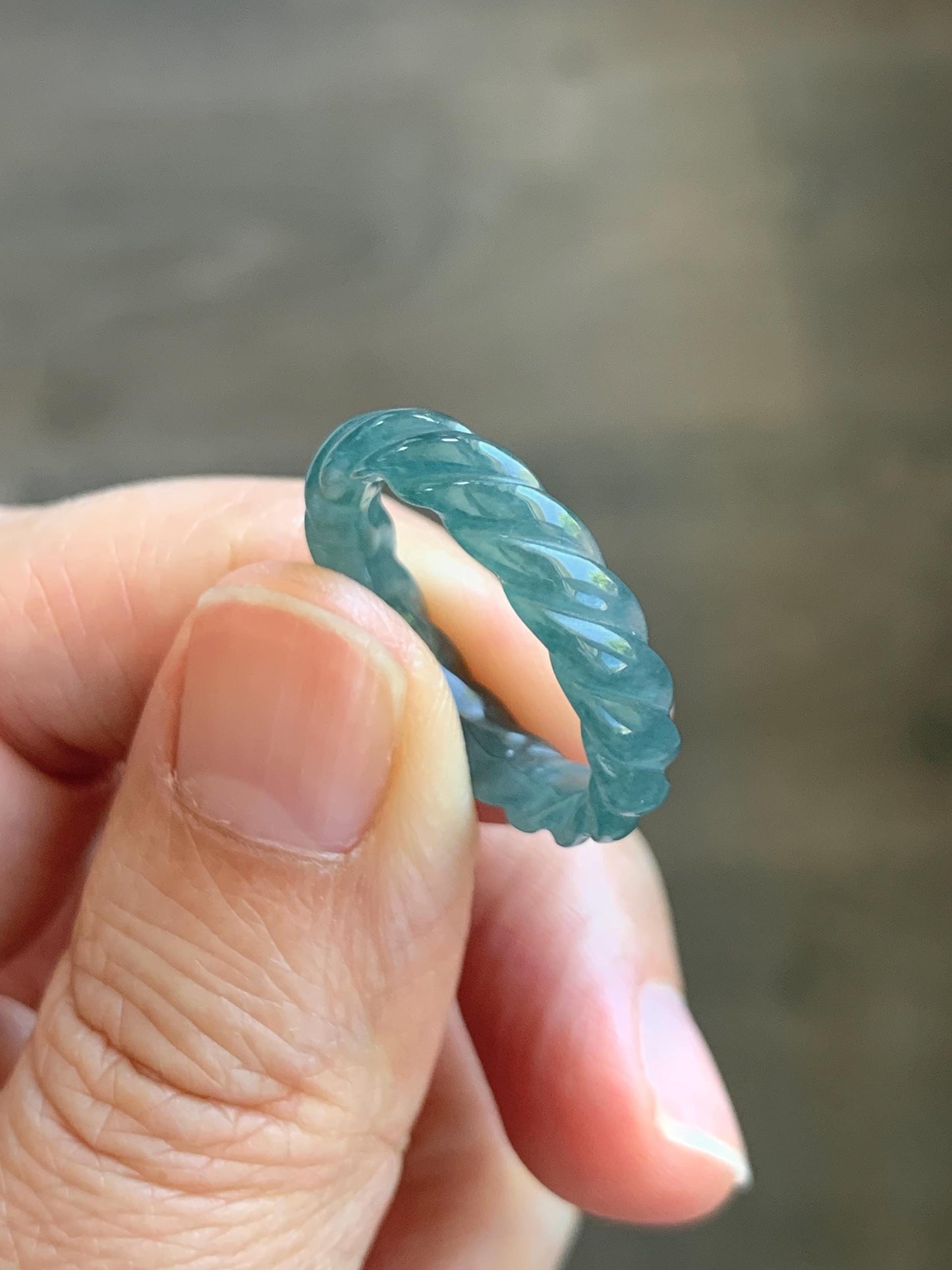Natural Grade A Guatemalan Icy Translucent Gelatinous Dark Teal Blue Jade Jadeite Carved Braid Band Ring Size 7 US 天然冰胶危蓝水翡翠麻花戒圈 WMH350E