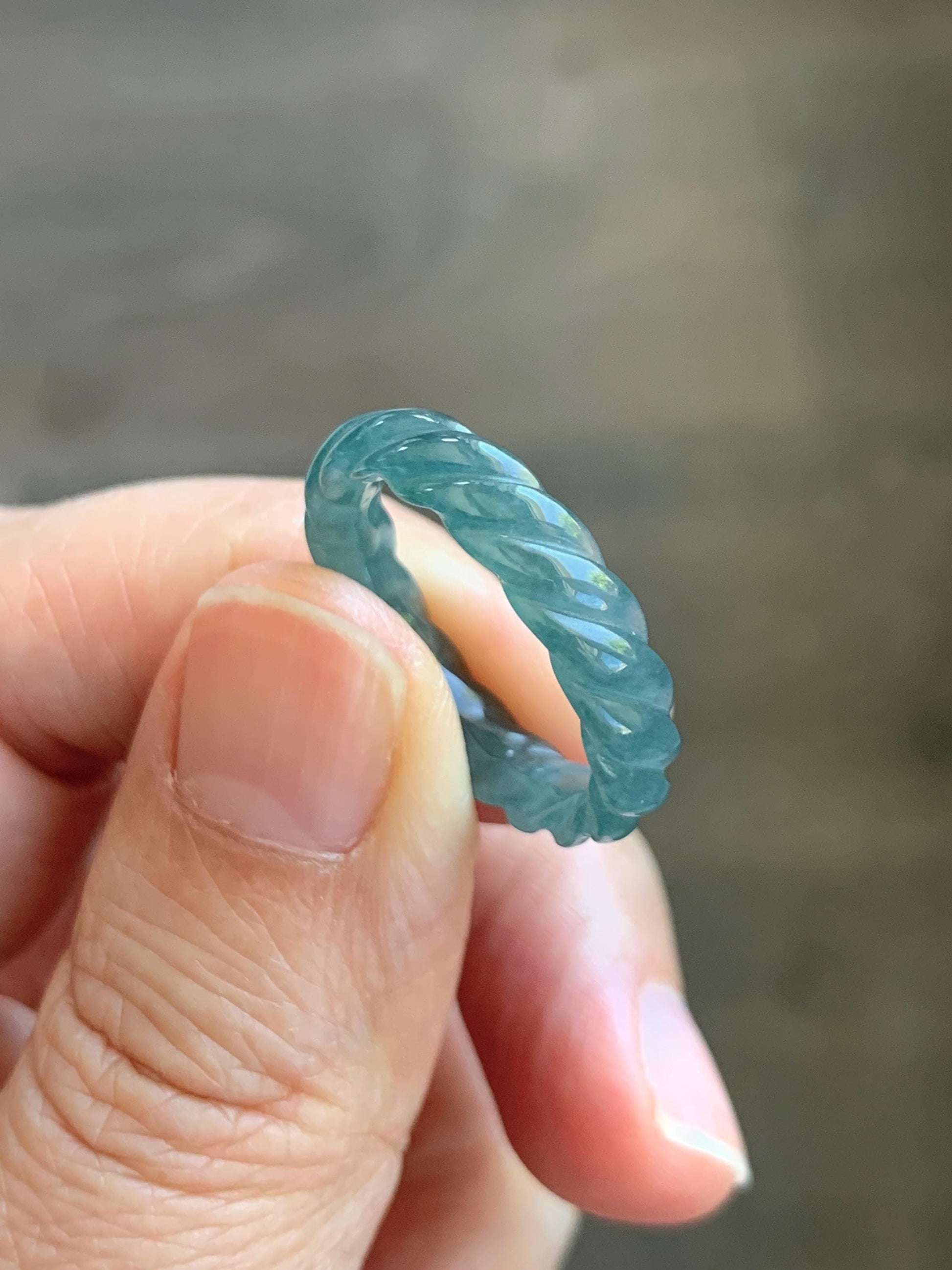 Natural Grade A Guatemalan Icy Translucent Gelatinous Dark Teal Blue Jade Jadeite Carved Braid Band Ring Size 7 US 天然冰胶危蓝水翡翠麻花戒圈 WMH350E