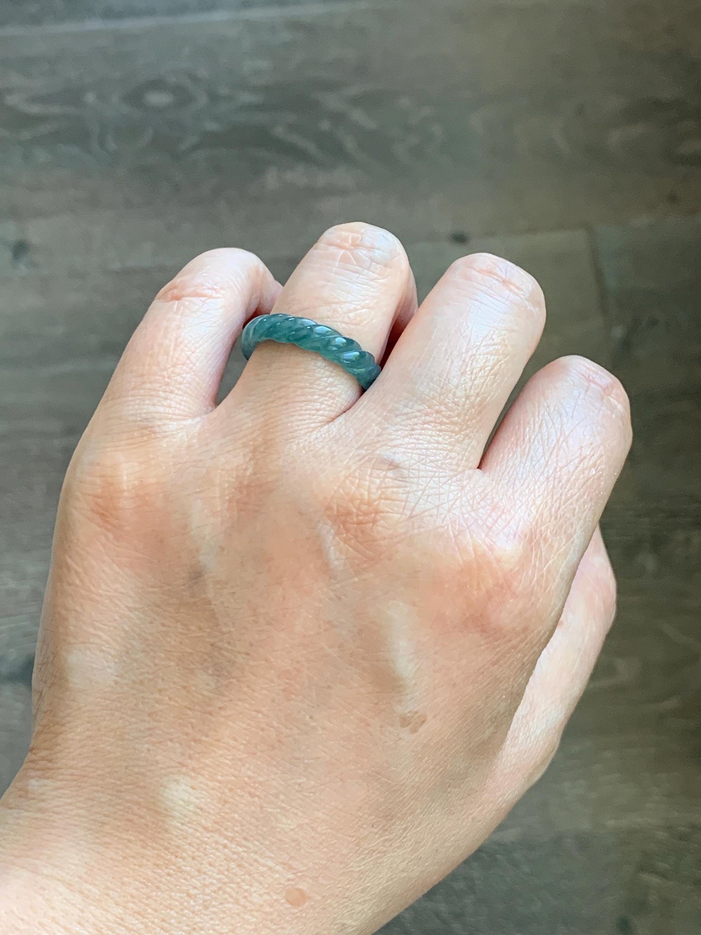 Natural Grade A Guatemalan Icy Translucent Gelatinous Dark Teal Blue Jade Jadeite Carved Braid Band Ring Size 7 US 天然冰胶危蓝水翡翠麻花戒圈 WMH350E