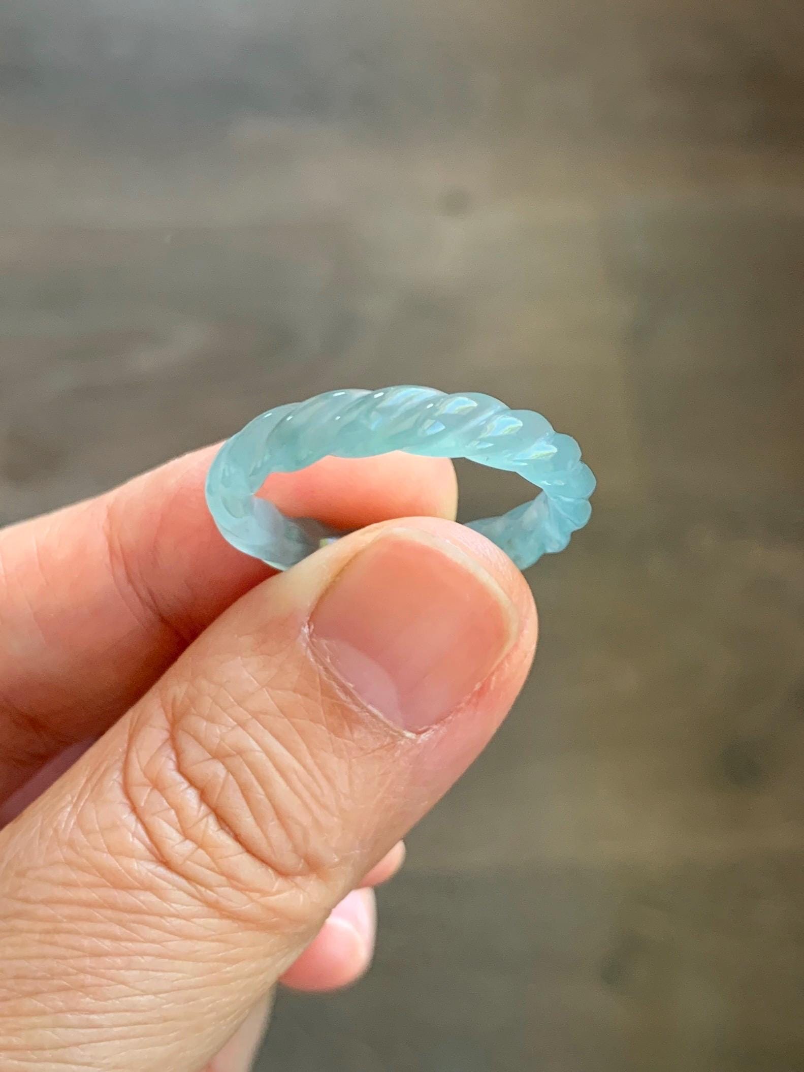 Natural Grade A Guatemalan Icy Highly Translucent Light Dusty Teal Jade Jadeite Carved Braid Band Ring Size 9.25 US 天然冰胶危浅蓝翡翠麻花戒圈 WMH350D