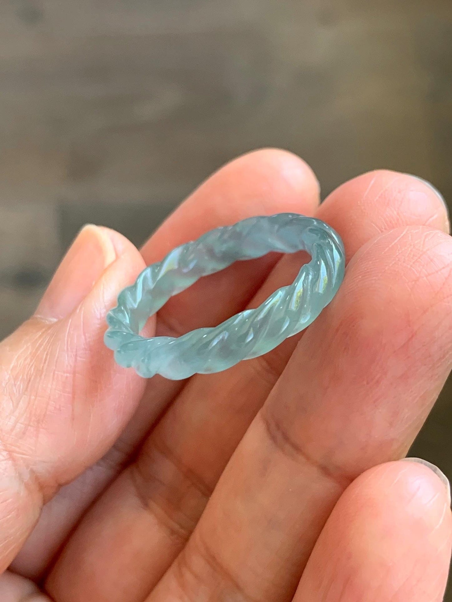 Natural Grade A Guatemalan Icy Highly Translucent Light Dusty Teal Jade Jadeite Carved Braid Band Ring Size 9.25 US 天然冰胶危浅蓝翡翠麻花戒圈 WMH350D