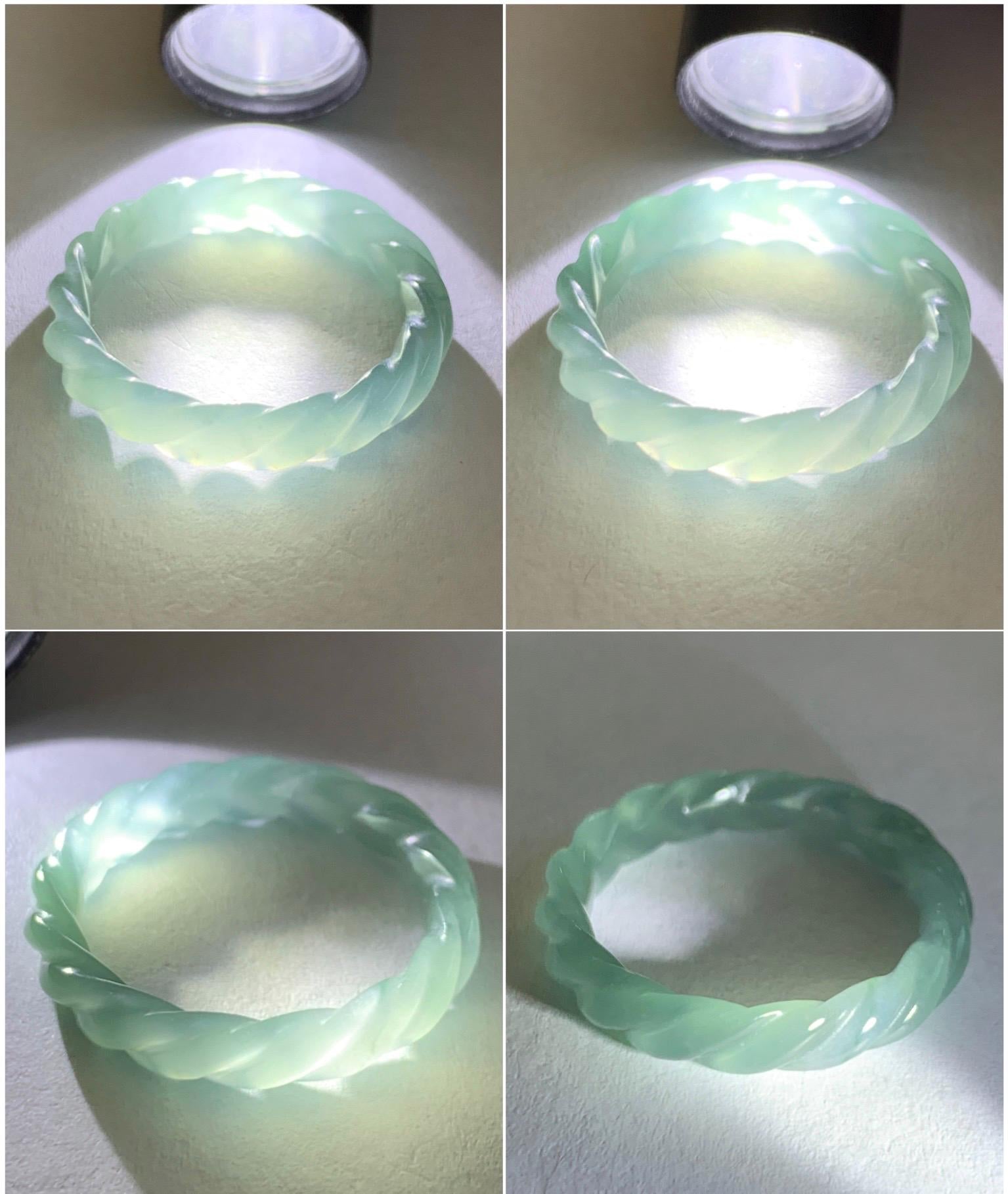 Natural Grade A Guatemalan Icy Highly Translucent Light Dusty Teal Jade Jadeite Carved Braid Band Ring Size 9.25 US 天然冰胶危浅蓝翡翠麻花戒圈 WMH350D
