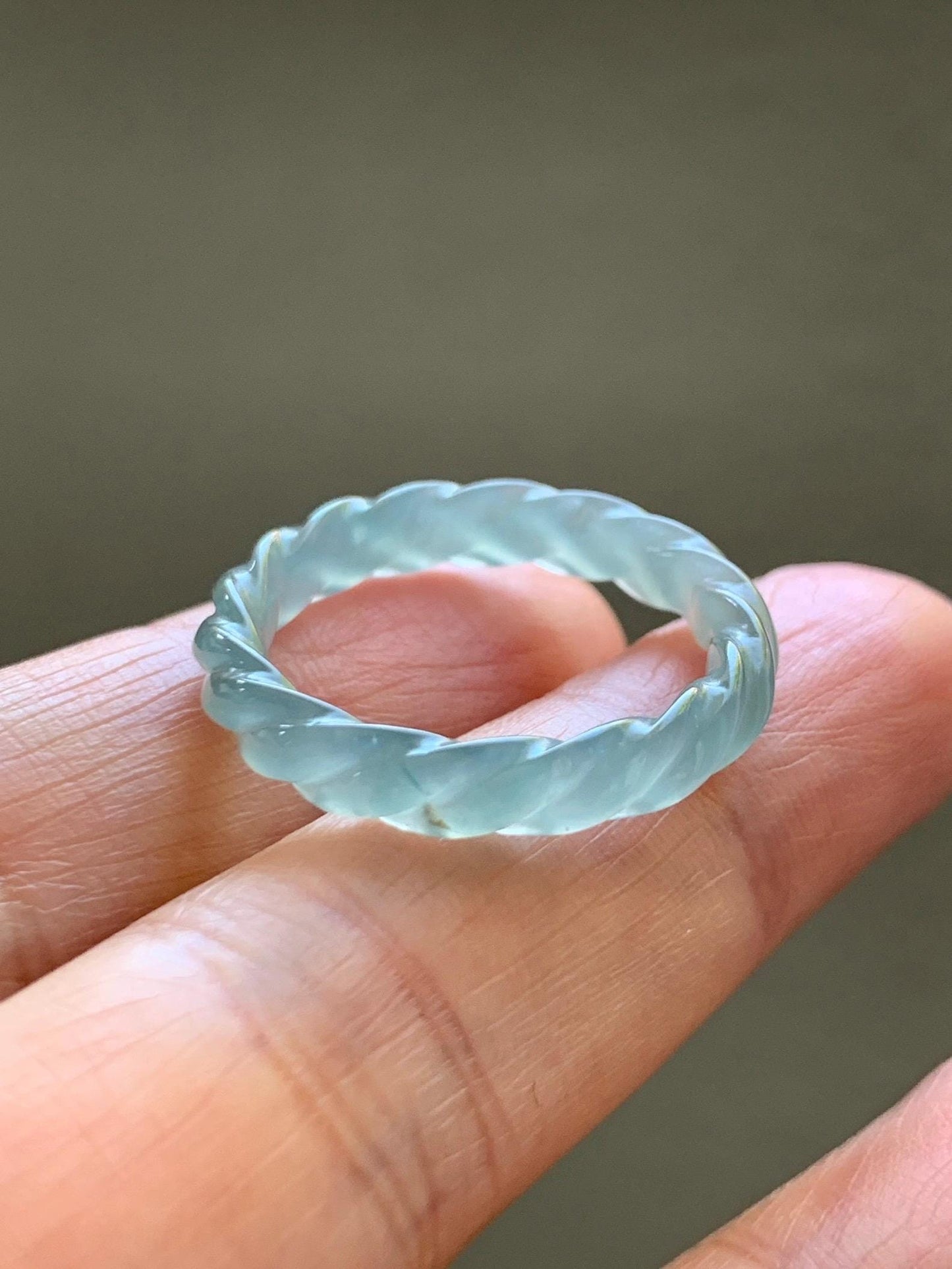 Natural Grade A Guatemalan Icy Highly Translucent Light Dusty Teal Jade Jadeite Carved Braid Band Ring Size 9.25 US 天然冰胶危浅蓝翡翠麻花戒圈 WMH350D