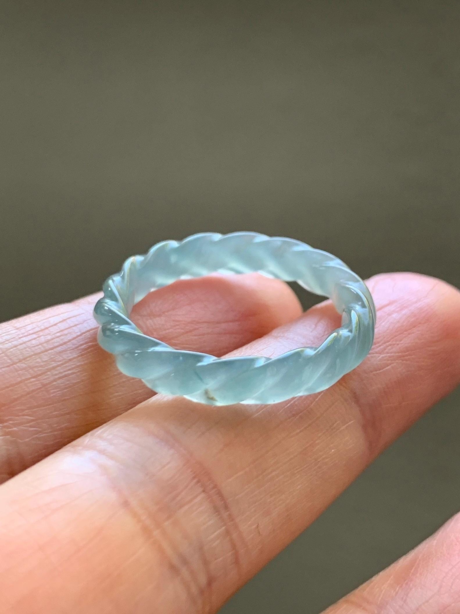 Natural Grade A Guatemalan Icy Highly Translucent Light Dusty Teal Jade Jadeite Carved Braid Band Ring Size 9.25 US 天然冰胶危浅蓝翡翠麻花戒圈 WMH350D