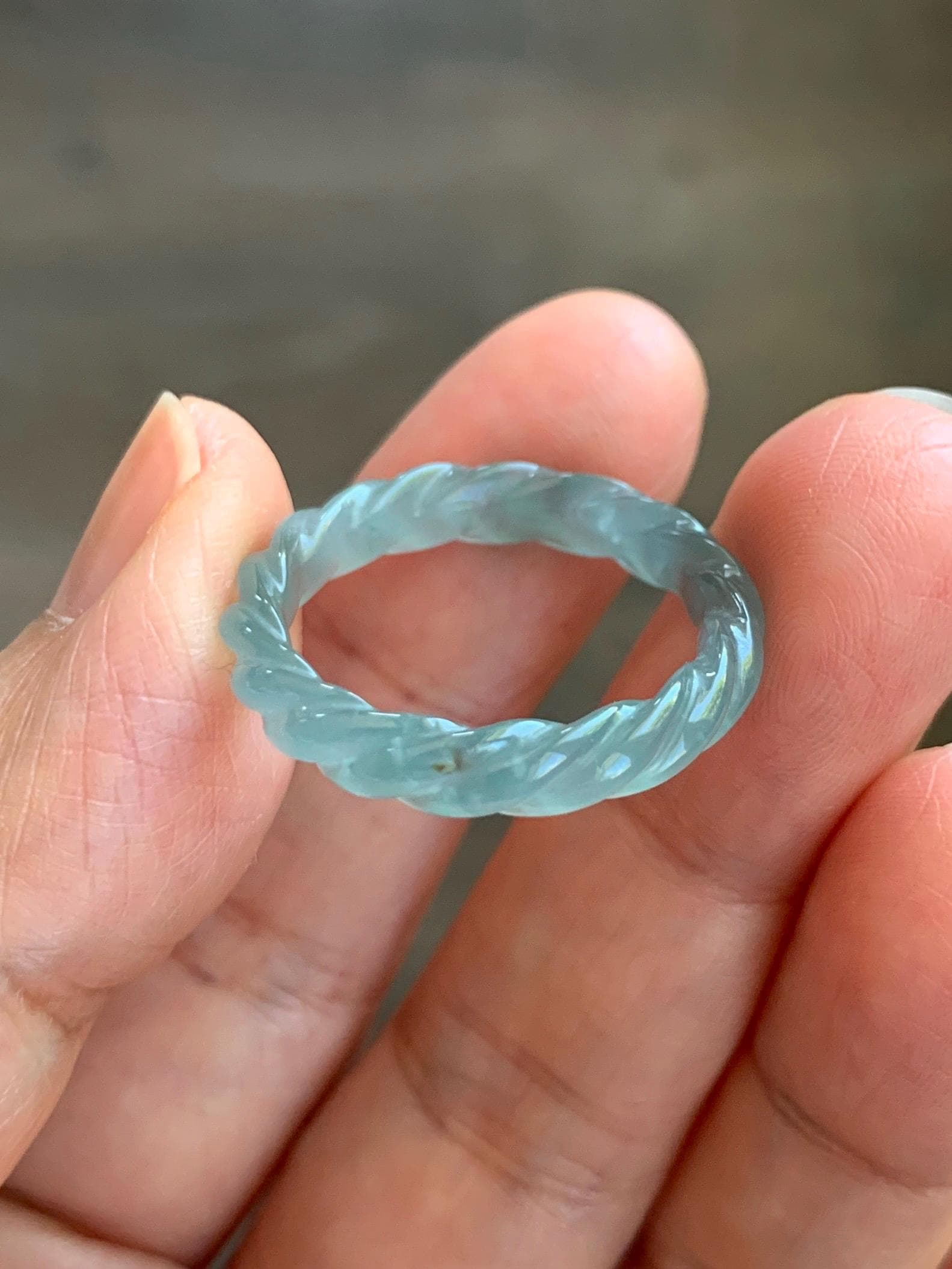 Natural Grade A Guatemalan Icy Highly Translucent Light Dusty Teal Jade Jadeite Carved Braid Band Ring Size 9.25 US 天然冰胶危浅蓝翡翠麻花戒圈 WMH350D