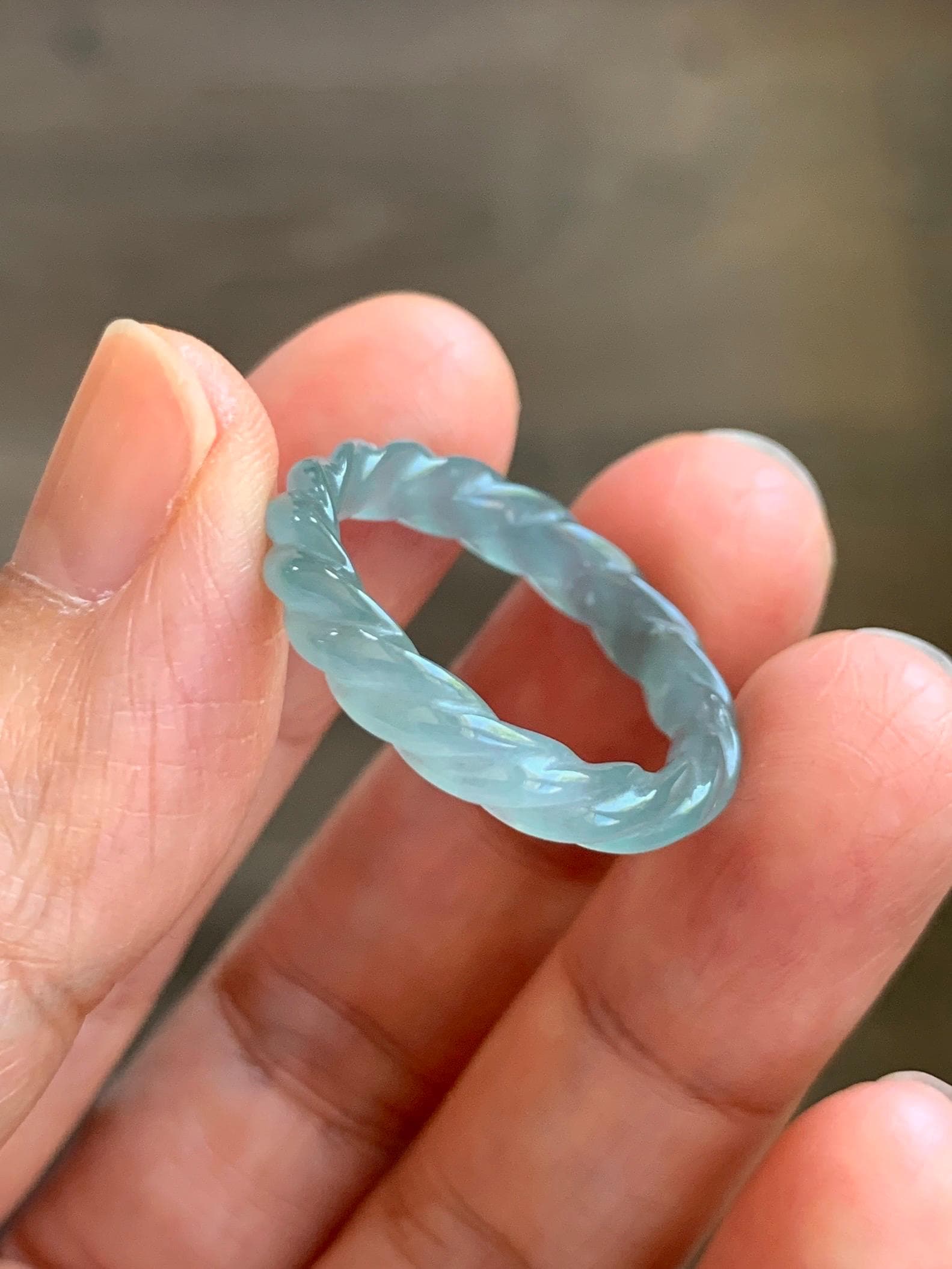 Natural Grade A Guatemalan Icy Highly Translucent Light Dusty Teal Jade Jadeite Carved Braid Band Ring Size 9.25 US 天然冰胶危浅蓝翡翠麻花戒圈 WMH350D