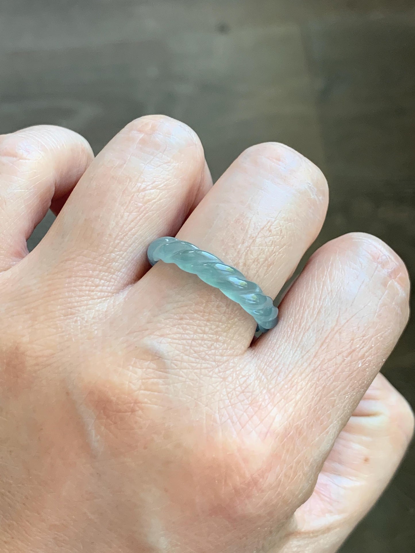 Natural Grade A Guatemalan Icy Highly Translucent Light Dusty Teal Jade Jadeite Carved Braid Band Ring Size 9.25 US 天然冰胶危浅蓝翡翠麻花戒圈 WMH350D