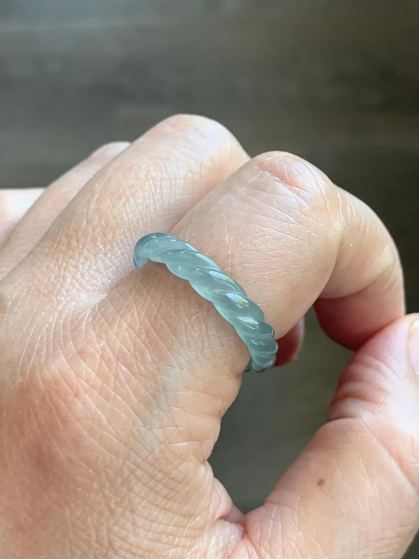 Natural Grade A Guatemalan Icy Highly Translucent Light Dusty Teal Jade Jadeite Carved Braid Band Ring Size 9.25 US 天然冰胶危浅蓝翡翠麻花戒圈 WMH350D
