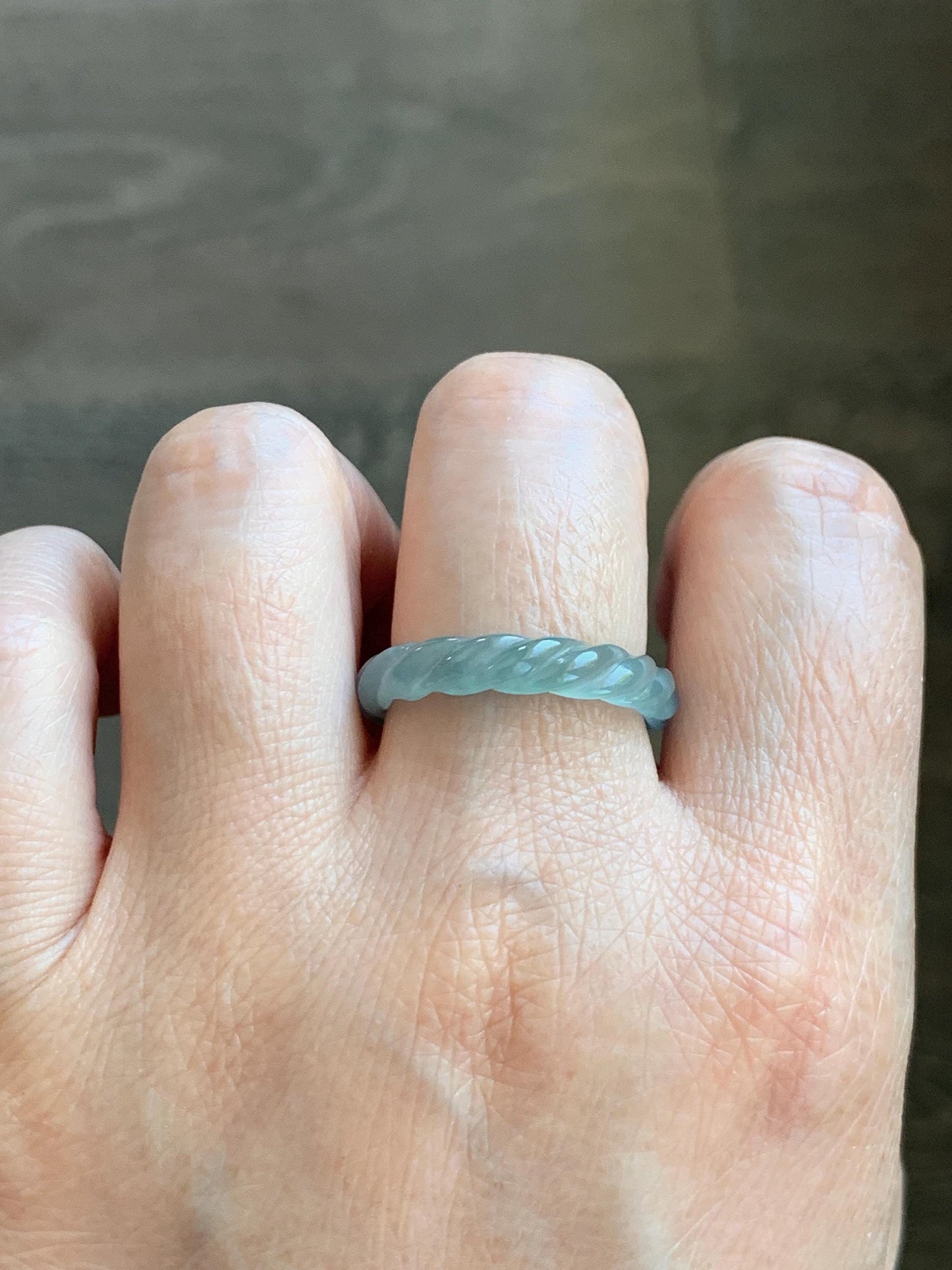 Natural Grade A Guatemalan Icy Highly Translucent Light Dusty Teal Jade Jadeite Carved Braid Band Ring Size 9.25 US 天然冰胶危浅蓝翡翠麻花戒圈 WMH350D