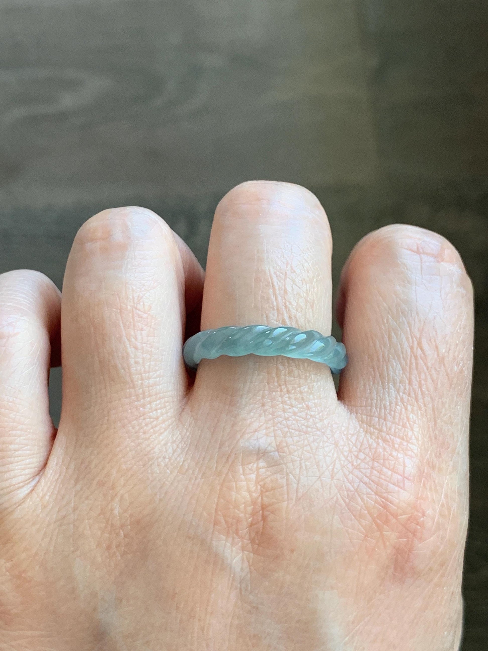 Natural Grade A Guatemalan Icy Highly Translucent Light Dusty Teal Jade Jadeite Carved Braid Band Ring Size 9.25 US 天然冰胶危浅蓝翡翠麻花戒圈 WMH350D