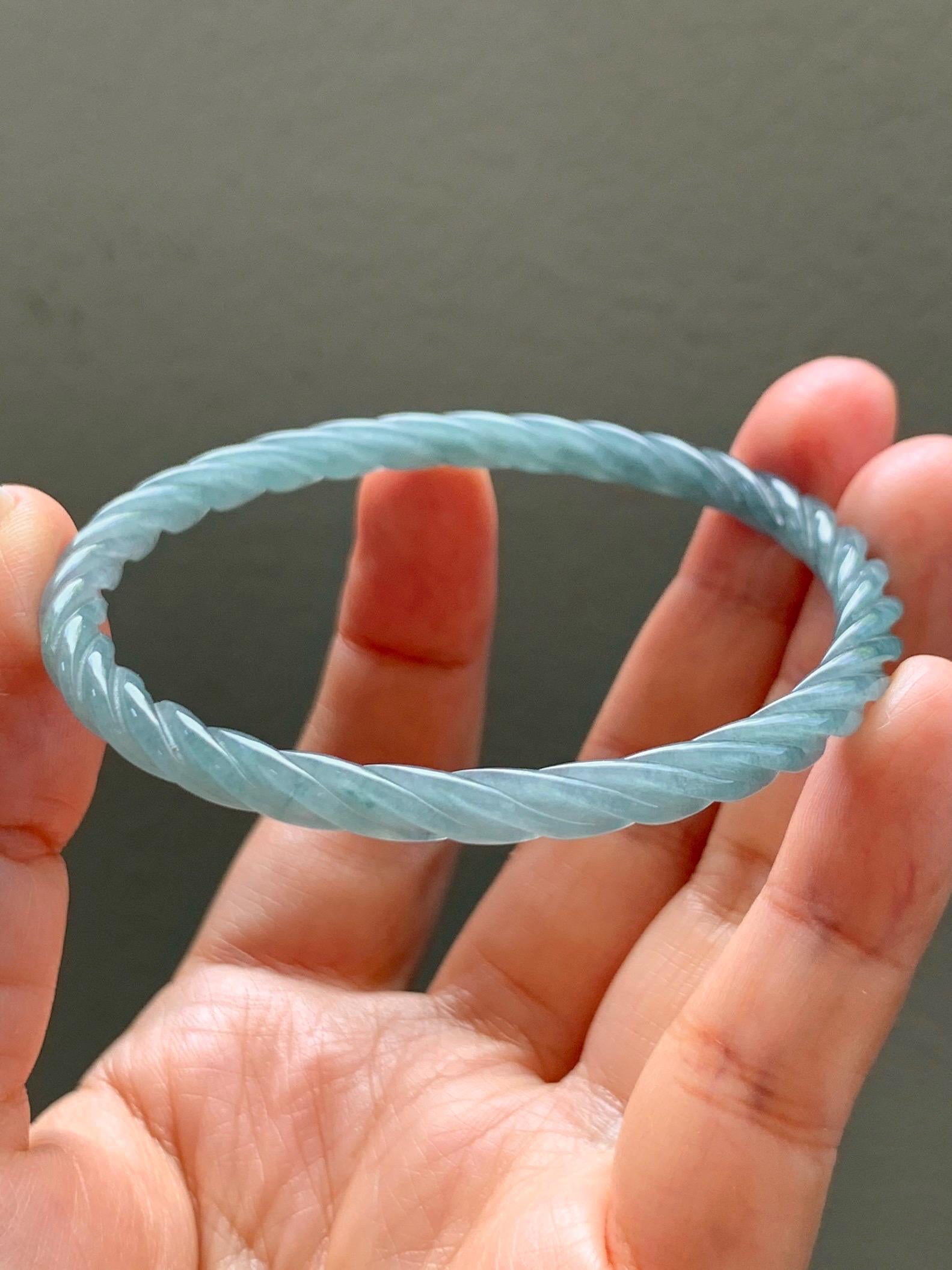 Certified Natural Grade A Guatemalan Icy Translucent Pastel Dusty Blue Jade Jadeite Carved Braid Slim Bangle 57.8mm 7.15” 天然冰危浅灰蓝翡翠细麻花手镯 480