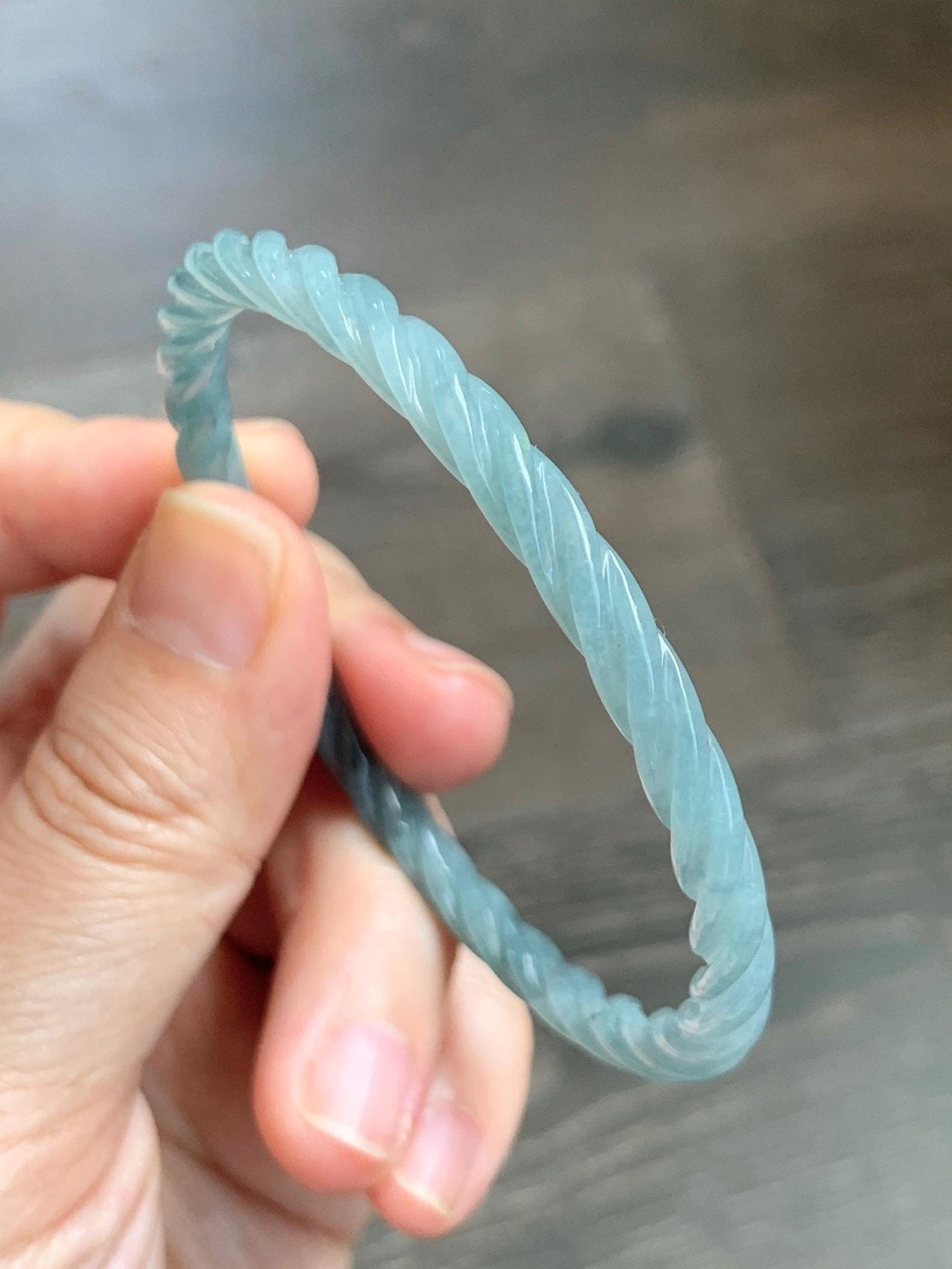 Certified Natural Grade A Guatemalan Icy Translucent Pastel Dusty Blue Jade Jadeite Carved Braid Slim Bangle 57.8mm 7.15” 天然冰危浅灰蓝翡翠细麻花手镯 480