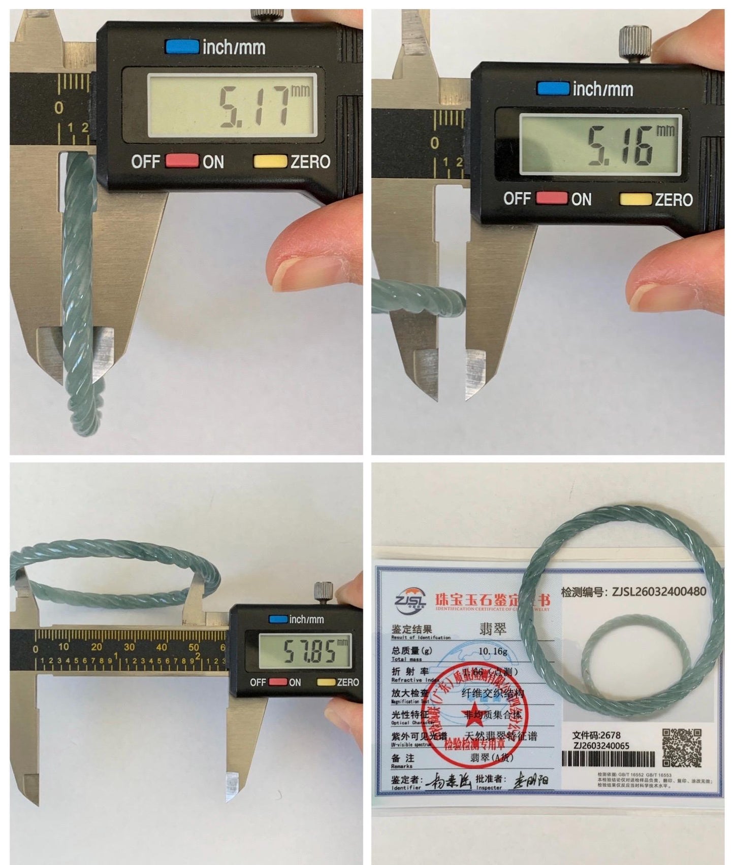 Certified Natural Grade A Guatemalan Icy Translucent Pastel Dusty Blue Jade Jadeite Carved Braid Slim Bangle 57.8mm 7.15” 天然冰危浅灰蓝翡翠细麻花手镯 480