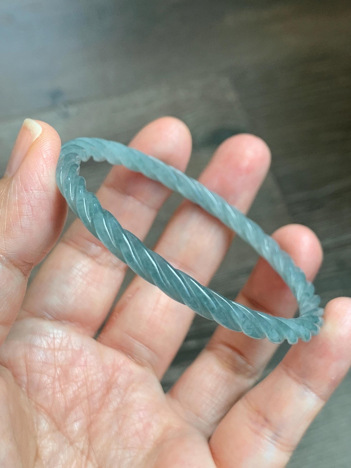 Certified Natural Grade A Guatemalan Icy Translucent Pastel Dusty Blue Jade Jadeite Carved Braid Slim Bangle 57.8mm 7.15” 天然冰危浅灰蓝翡翠细麻花手镯 480
