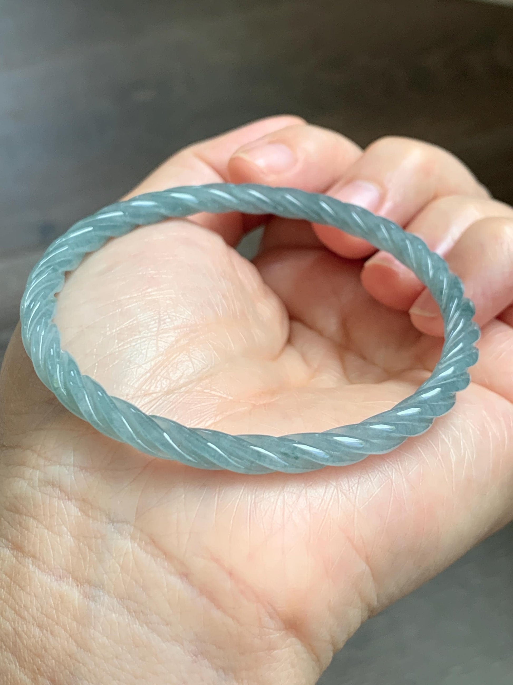 Certified Natural Grade A Guatemalan Icy Translucent Pastel Dusty Blue Jade Jadeite Carved Braid Slim Bangle 57.8mm 7.15” 天然冰危浅灰蓝翡翠细麻花手镯 480