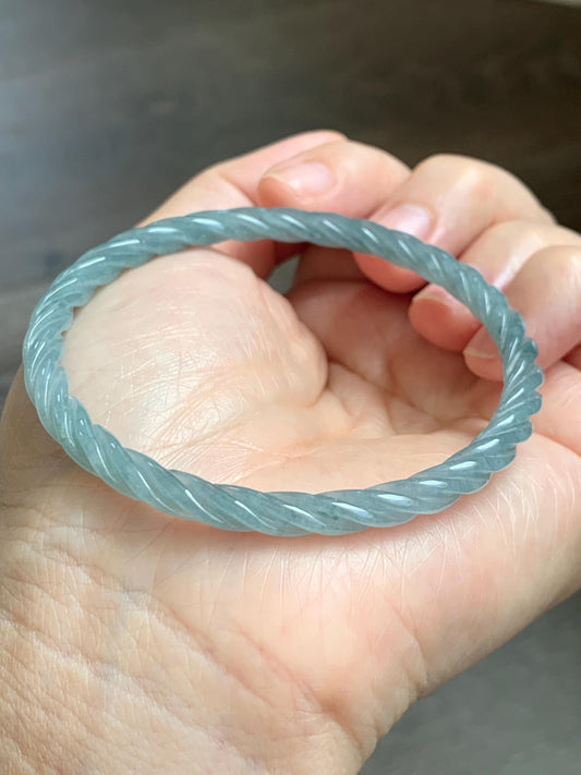 Certified Natural Grade A Guatemalan Icy Translucent Pastel Dusty Blue Jade Jadeite Carved Braid Slim Bangle 57.8mm 7.15” 天然冰危浅灰蓝翡翠细麻花手镯 480