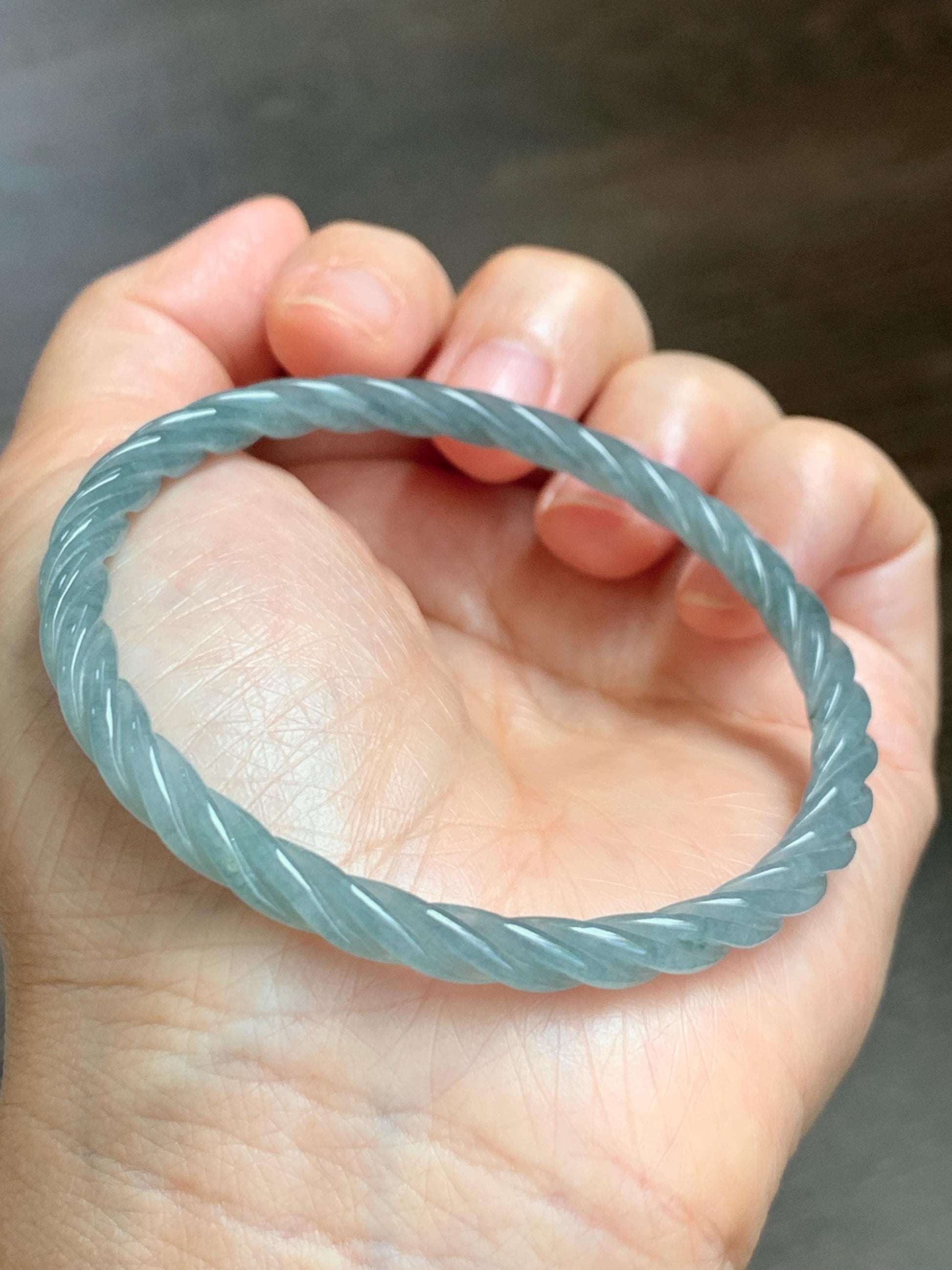 Certified Natural Grade A Guatemalan Icy Translucent Pastel Dusty Blue Jade Jadeite Carved Braid Slim Bangle 57.8mm 7.15” 天然冰危浅灰蓝翡翠细麻花手镯 480